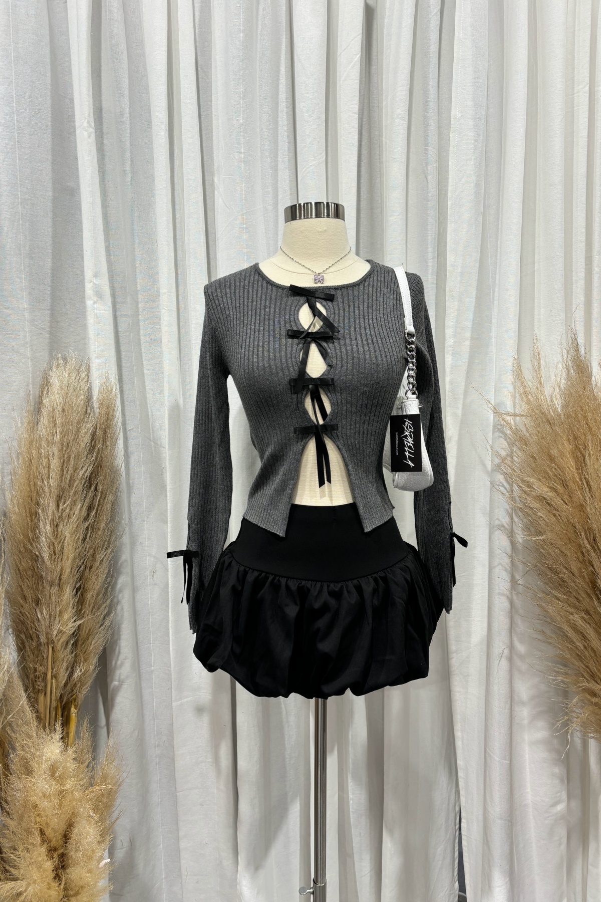 Erika Ribbed Long Sleeve Bow Top (Charcoal Grey)