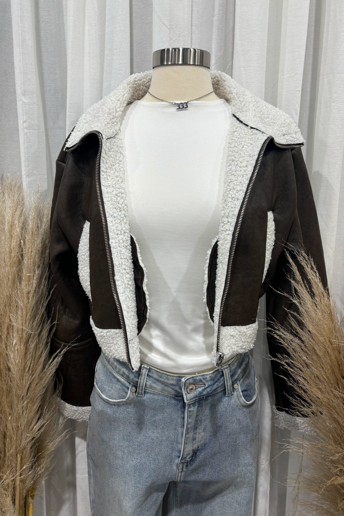 Malorie Fur Leather Jacket (Brown/White)