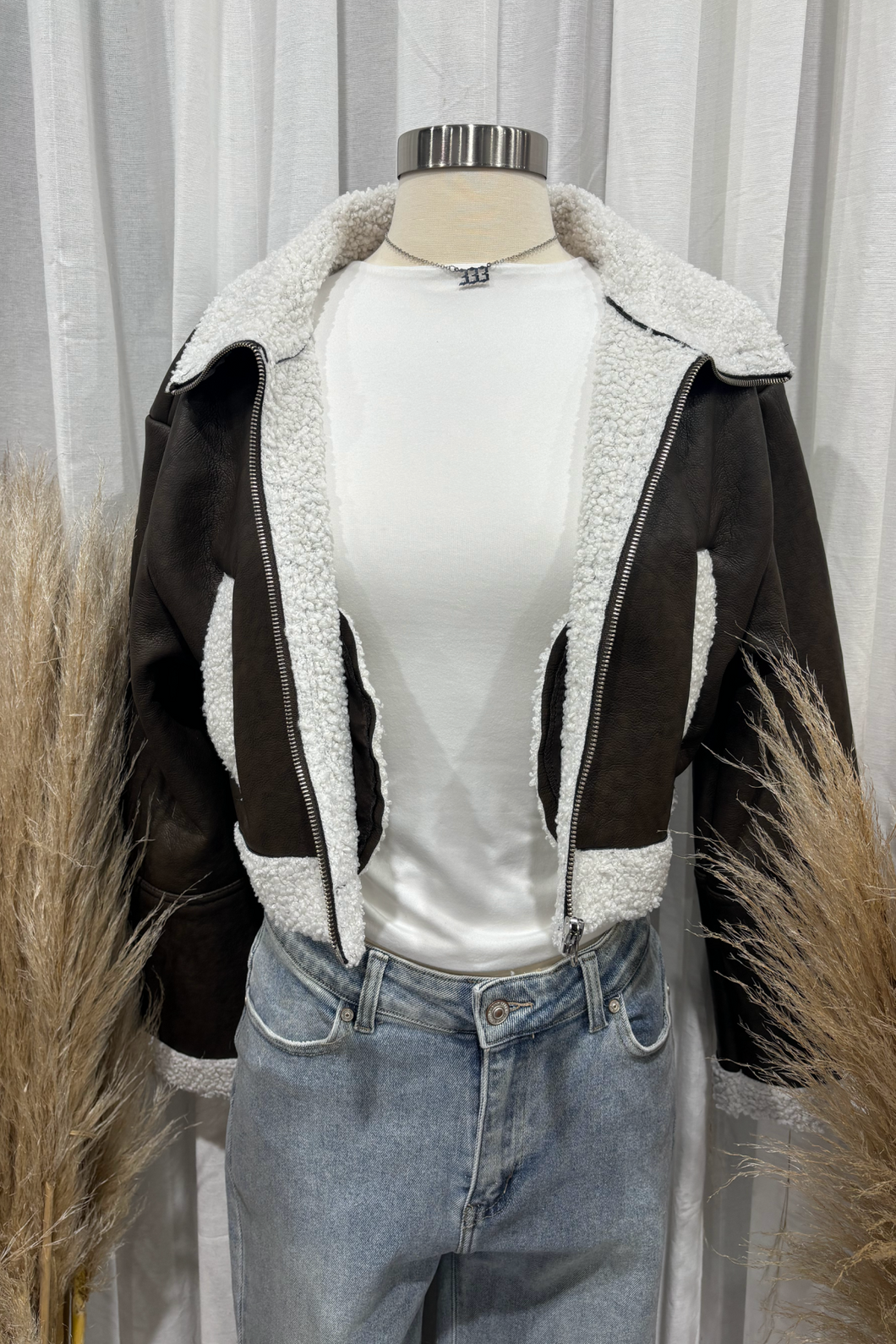 Malorie Fur Leather Jacket (Brown/White)