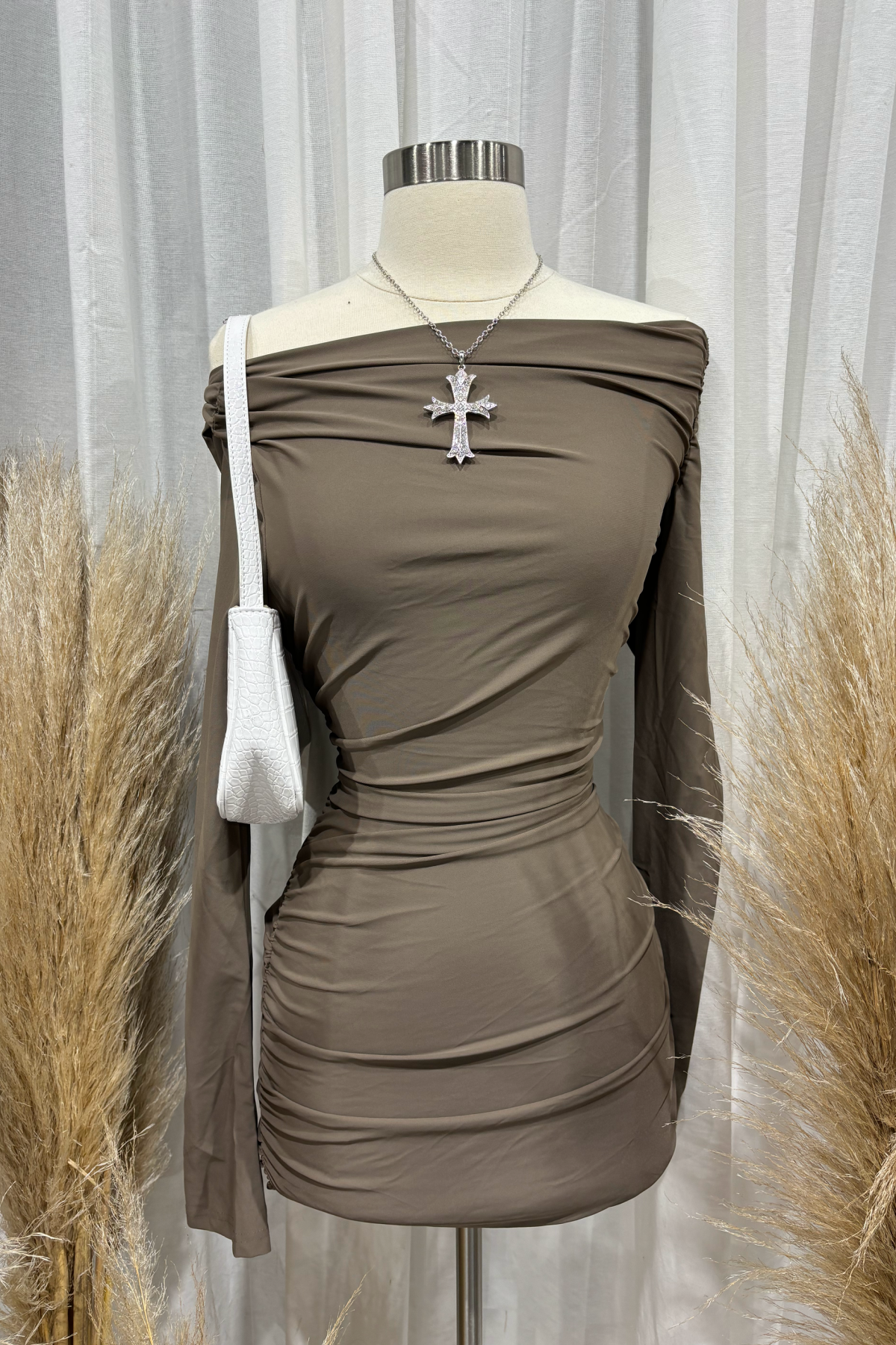 Zaylee Asymmetrical L/S Mini Dress (Mocha Brown)