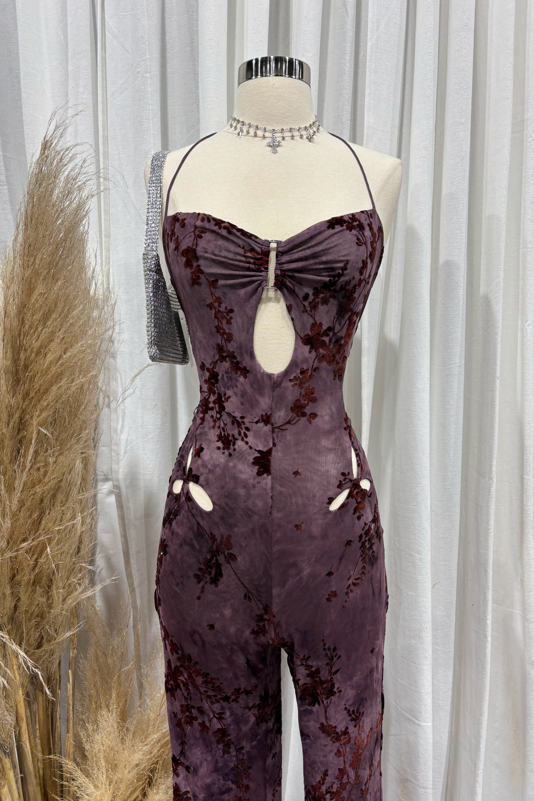 Faith Floral Mesh Jumpsuit (Plum Purple)