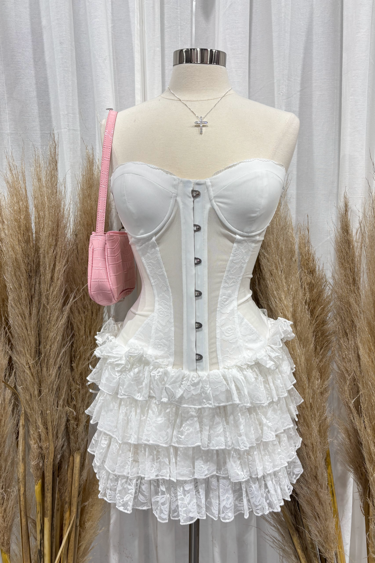 Pearla Corset Pleated Mini Dress (White)