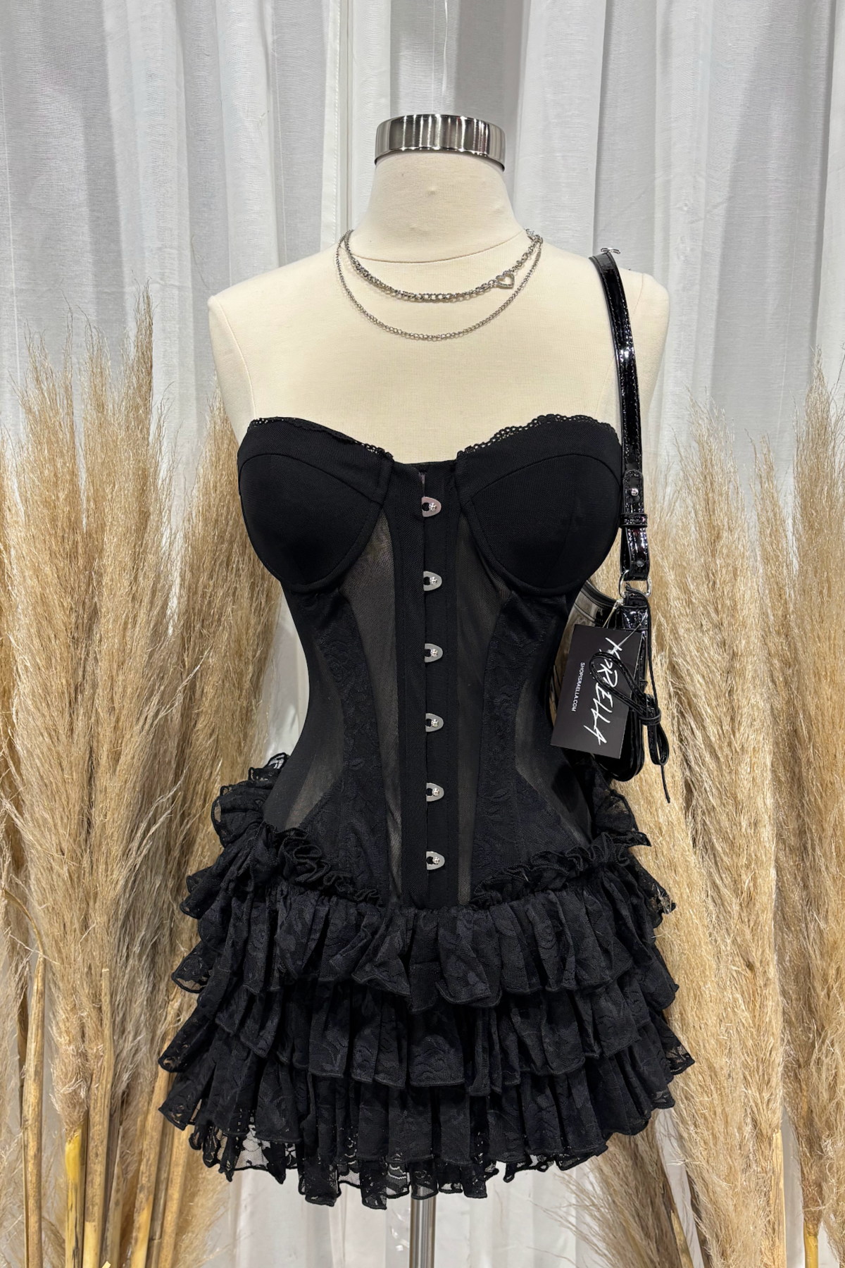 Pearla Corset Pleated Mini Dress (Black)