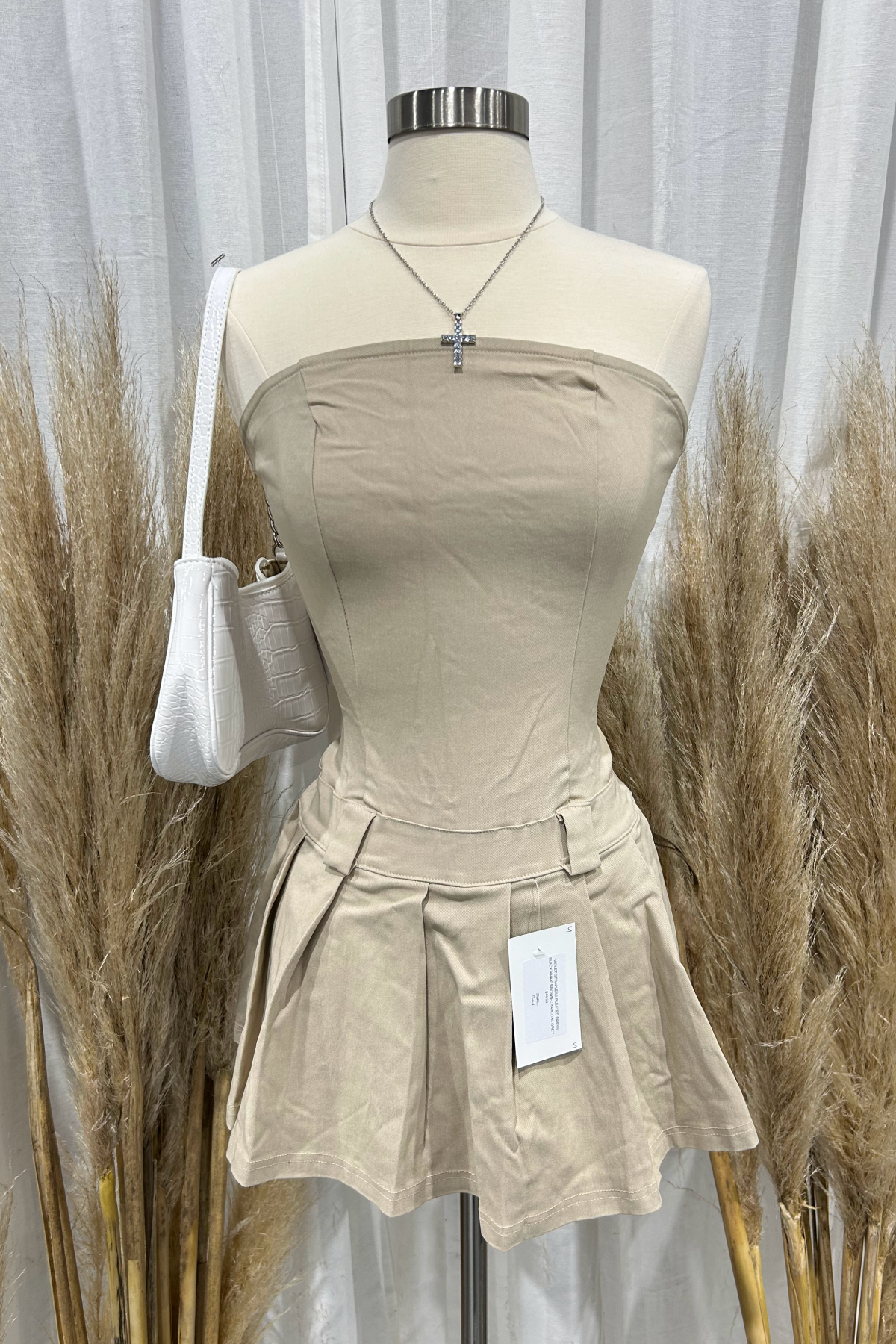 Violet Strapless Pleated Dress (Khaki Brown)