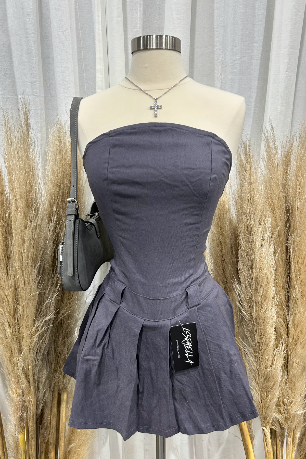 Violet Strapless Pleated Dress (Charcoal Grey)