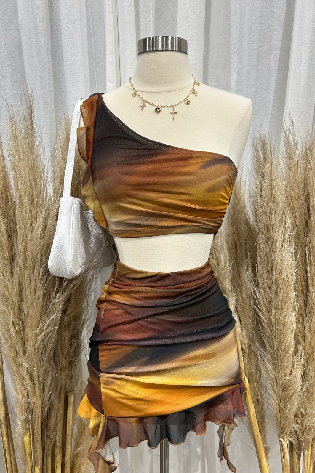Renata Mesh Skirt Set (Brown/Yellow Multi)