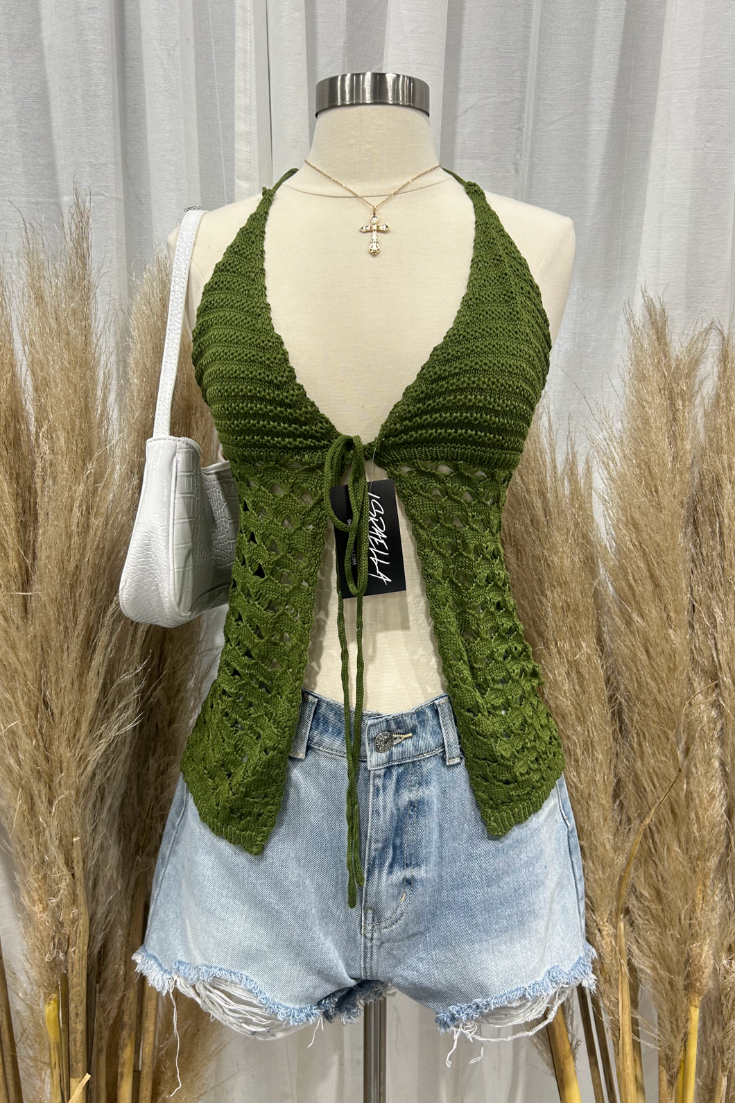 Daniella Crochet Halter Top (Olive Green)