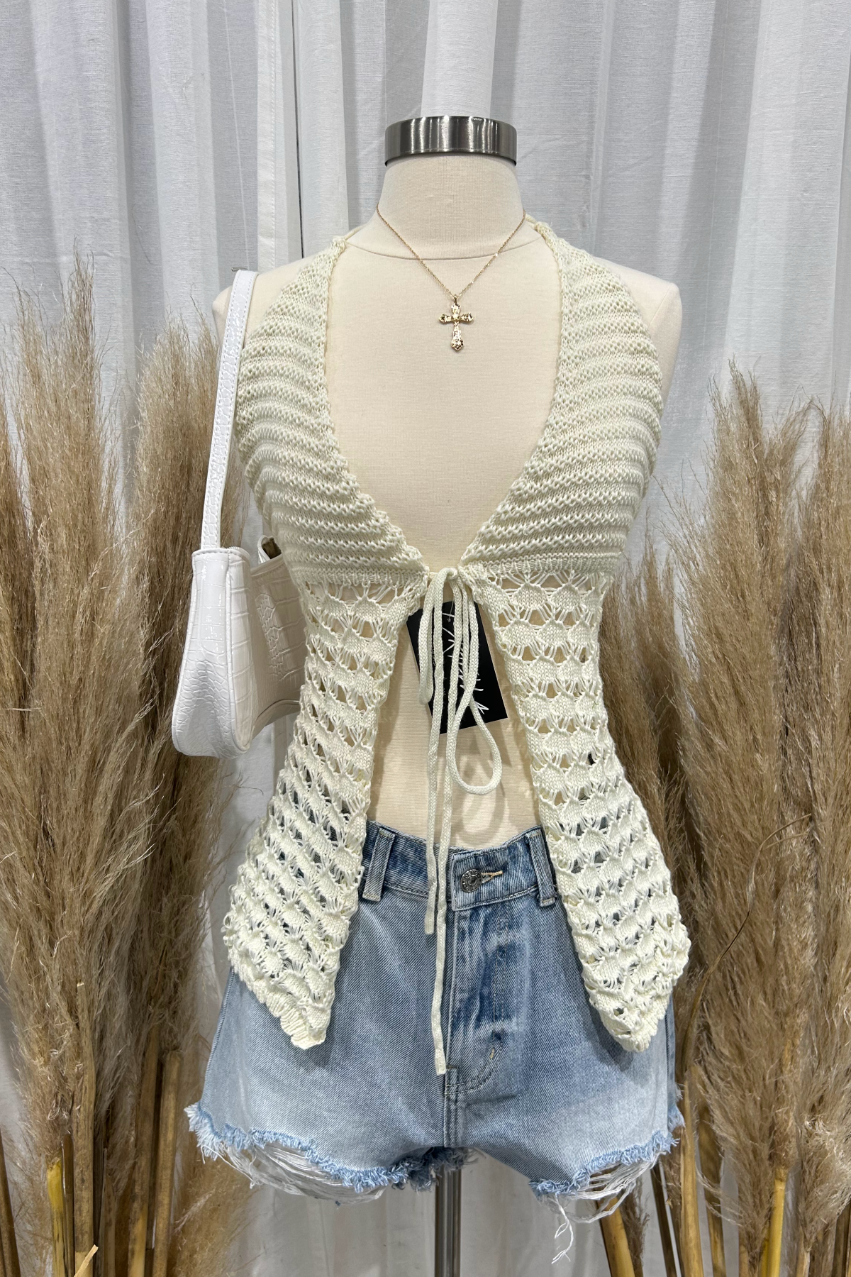 Daniella Crochet Halter Top (Ivory White)