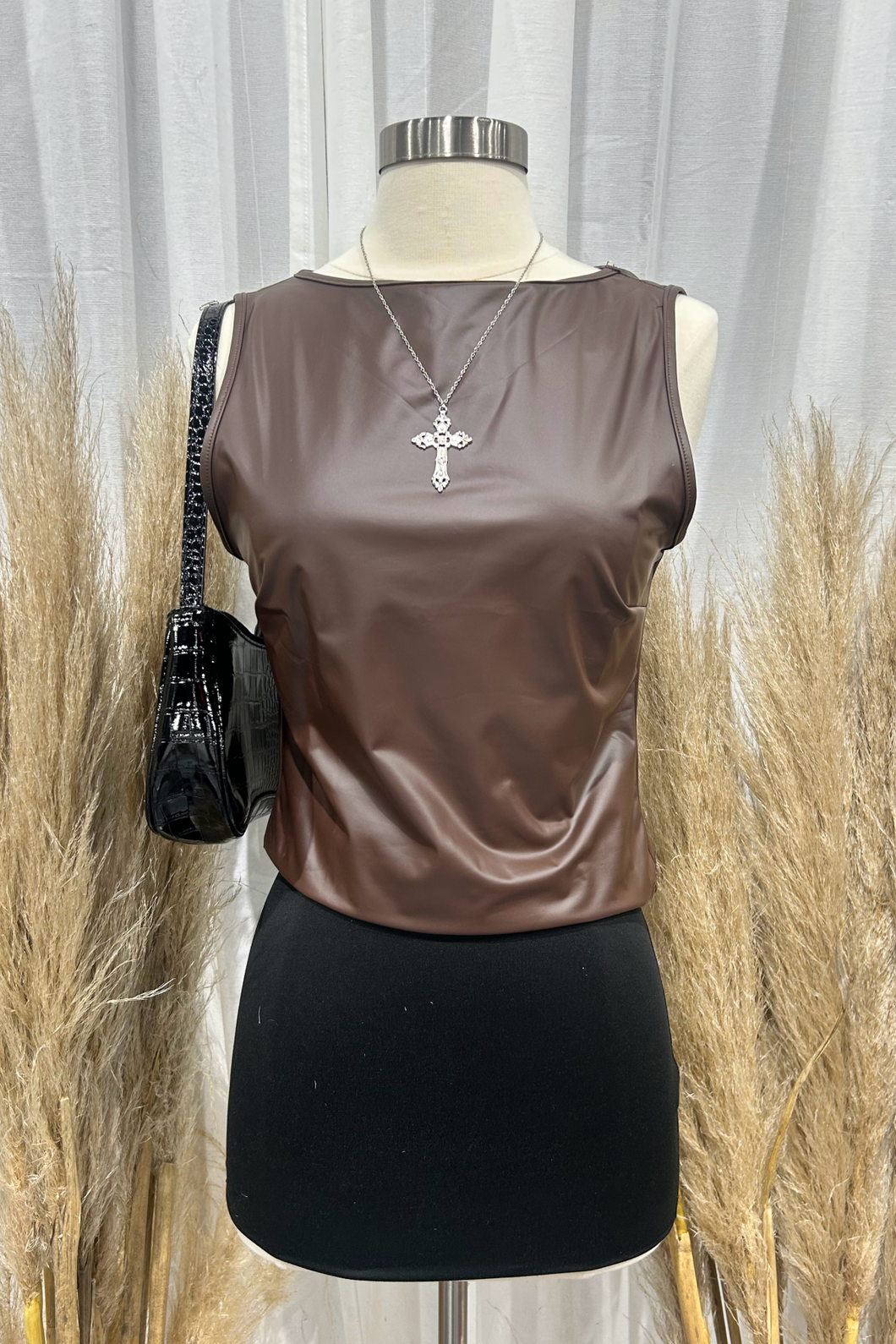 Mimic Leather Tank Top (Chocolate Brown)