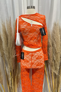 Aira Long Sleeve Lace Pants Set (Orange)