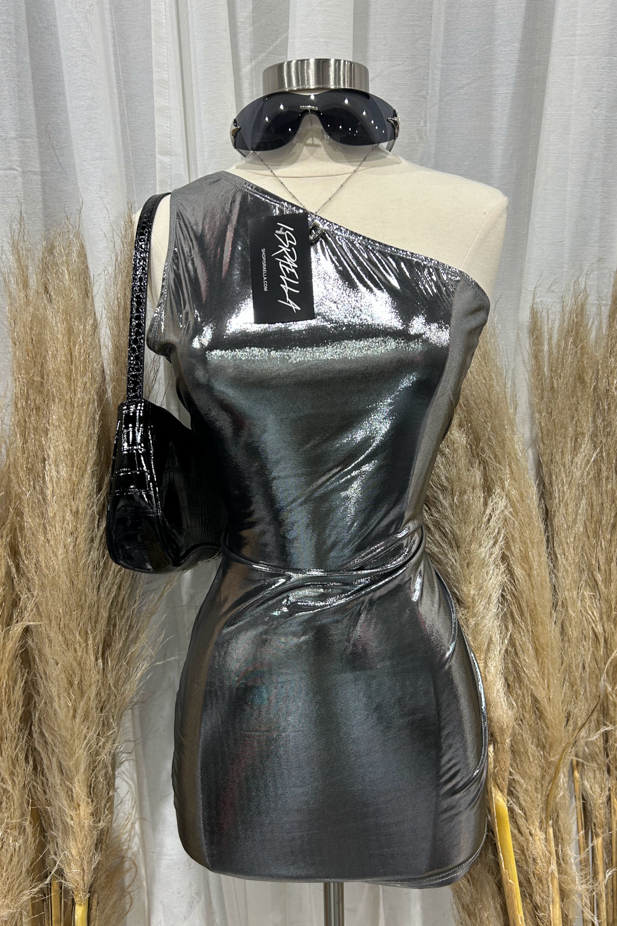 Matt One Shoulder Mini Dress (Silver)