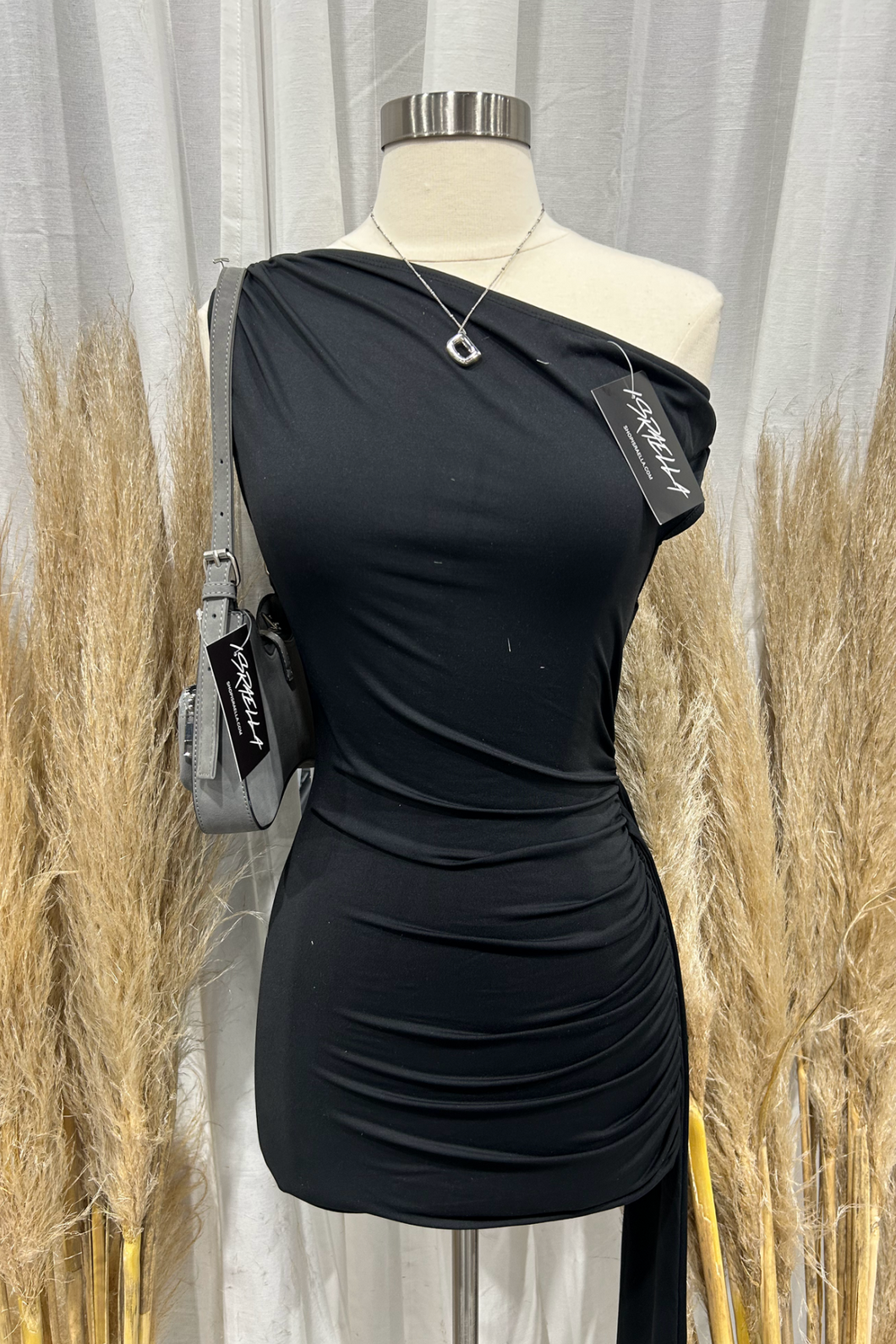 Tiara Asymmetrical Mini Dress (Black)