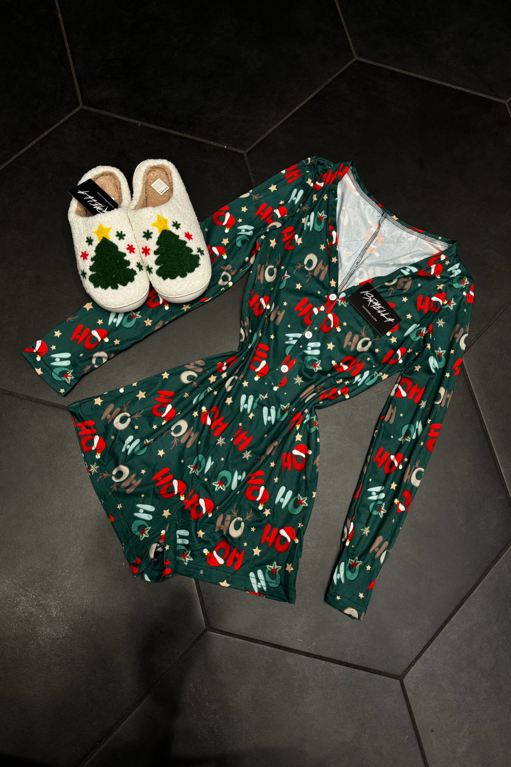Ho Ho Ho Pj Romper (Dark Green)