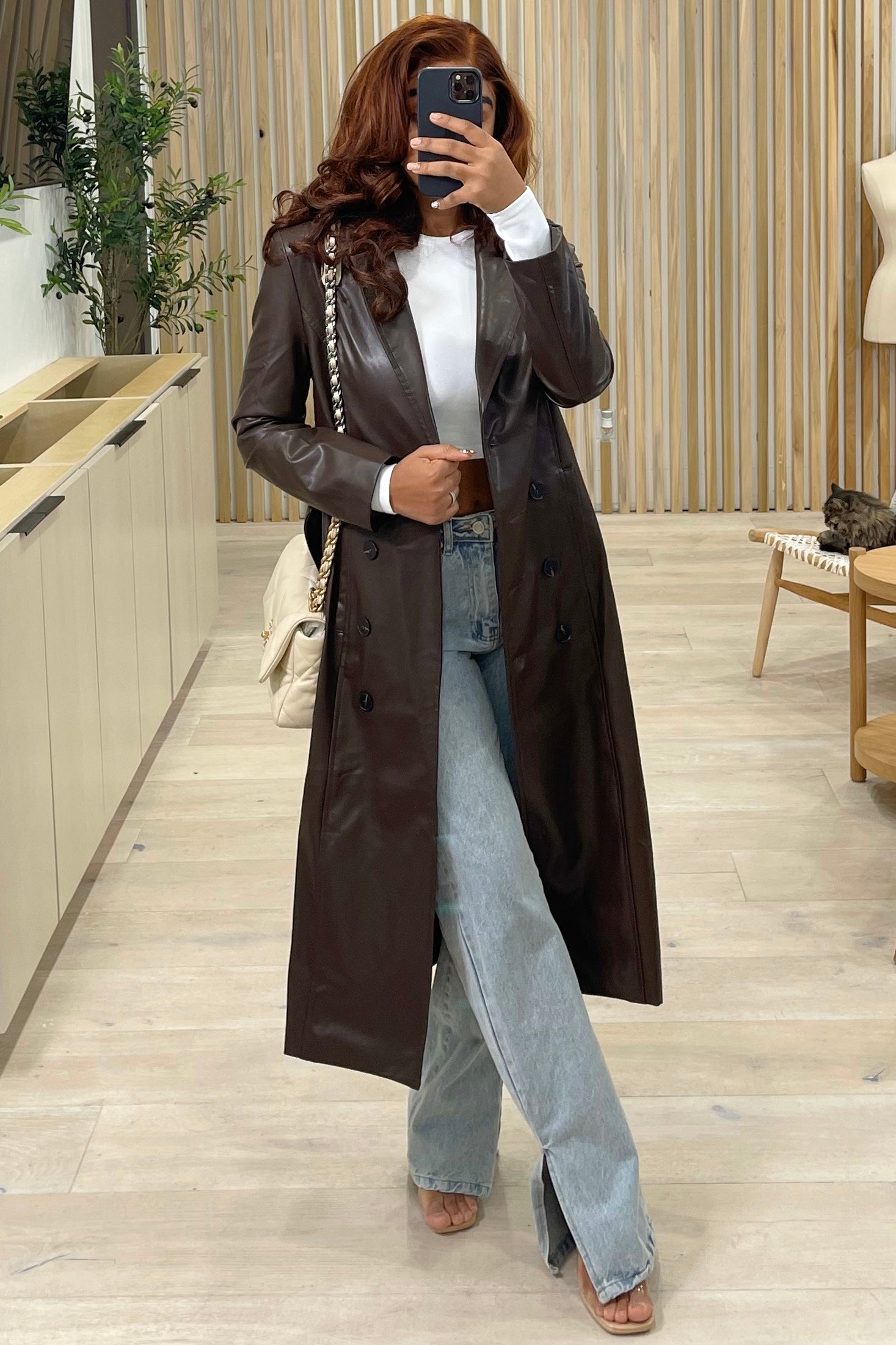 Delaney Vegan Leather Trench Coat (Chocolate Brown)