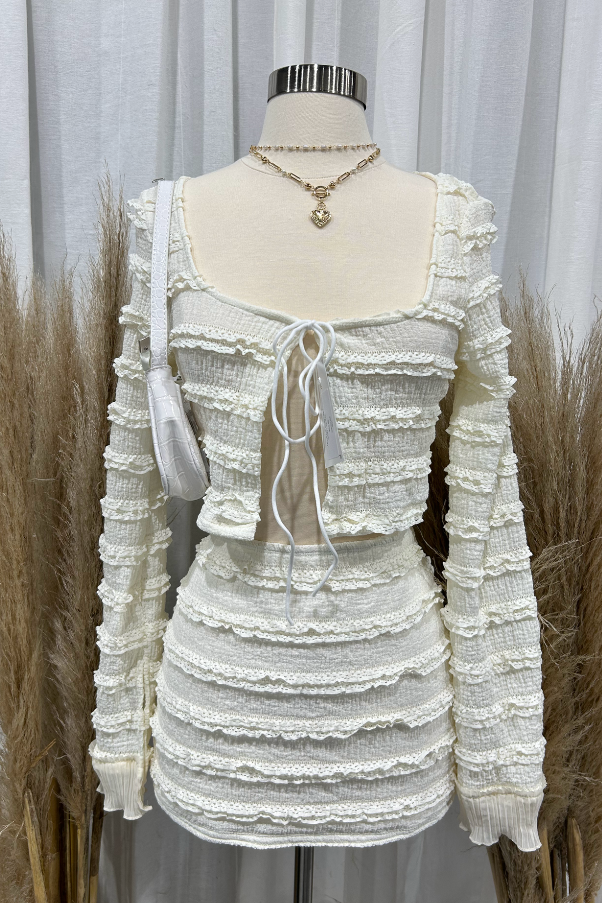 Aelia Long Sleeve Skirt Set (Ivory White)