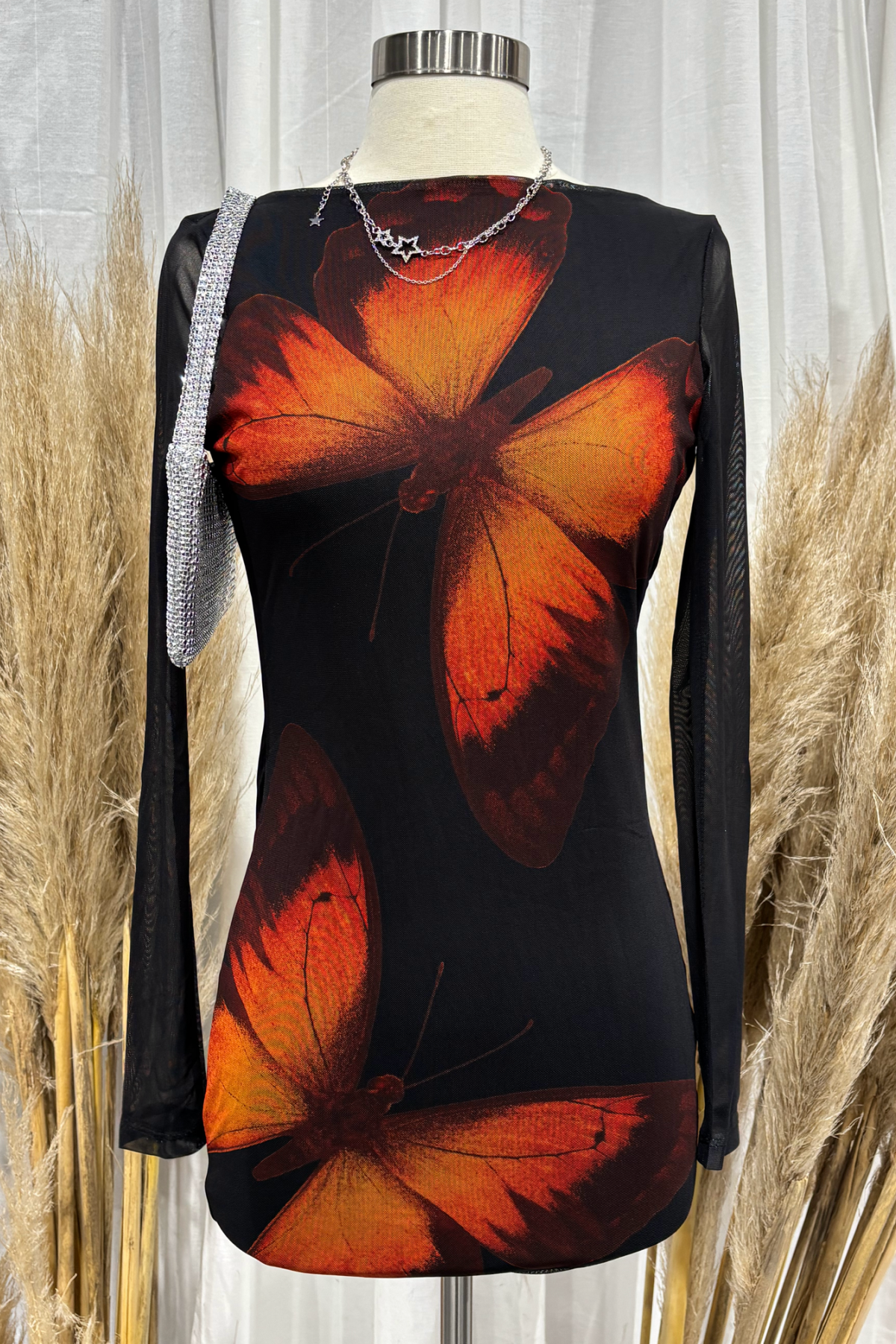 Dama Long Sleeve Mesh Mini Dress (Black Multi)