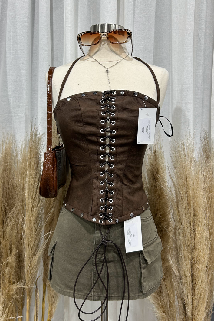 Kelly Leather Halter Top (Dark Brown)