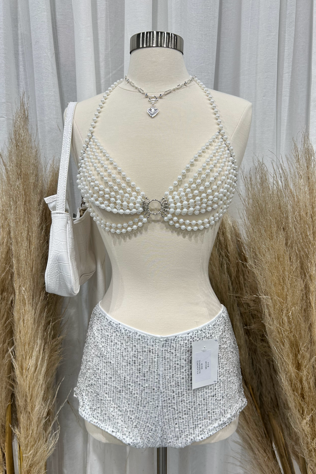 Pearl Halter Top (White/Silver)