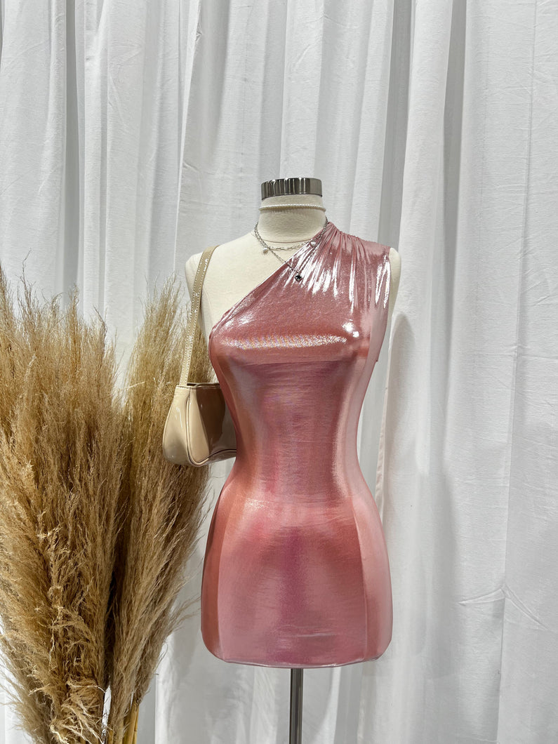 Matrix One Shoulder Bodycon Mini Dress (Baby Pink)