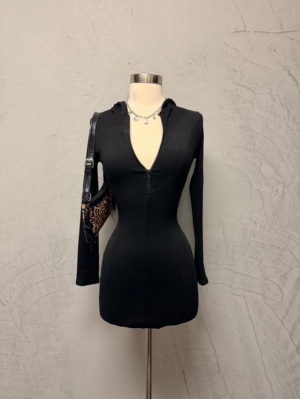 Deandra Ribbed Hoodie Mini Dress (Black)