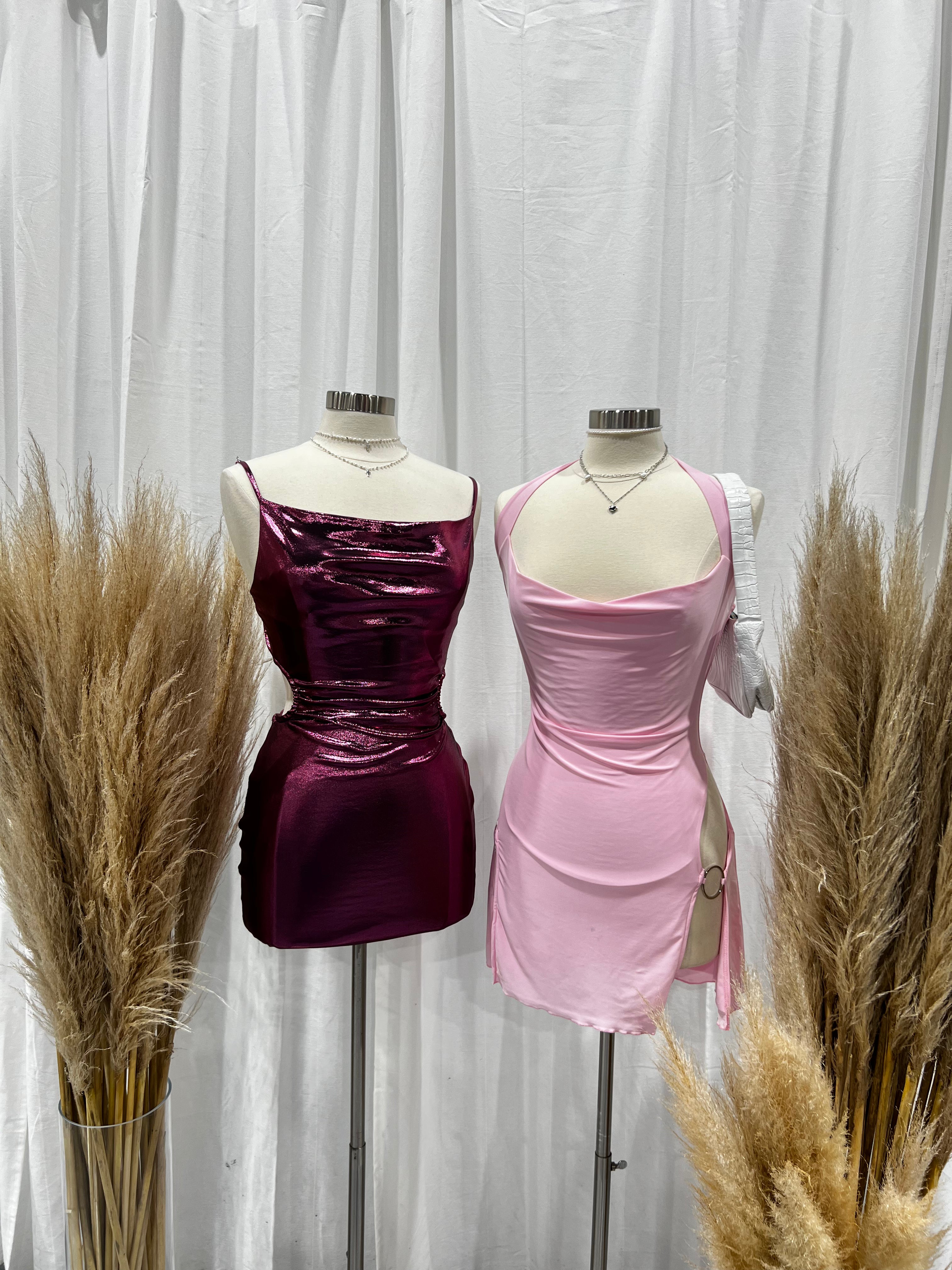La Noche Metallic Cut Out Mini Dress (Pink)