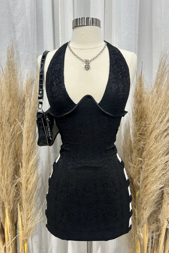 Stasia Lace Halter Mini Dress (Black)