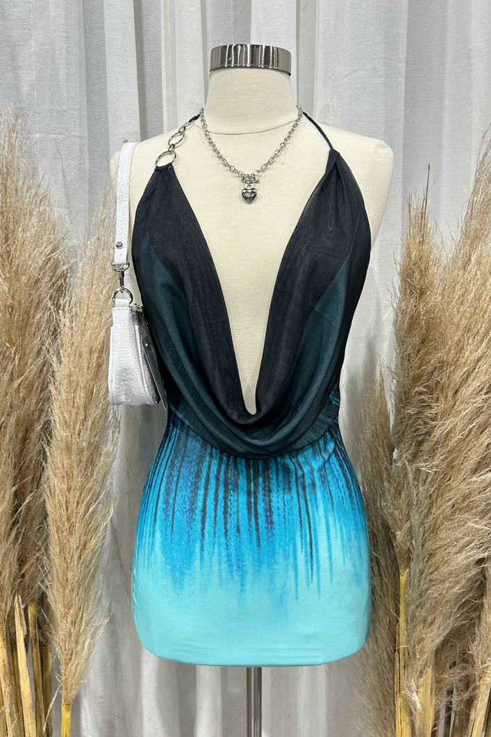 Kaylee Mesh Mini Dress (Black/Turquoise)