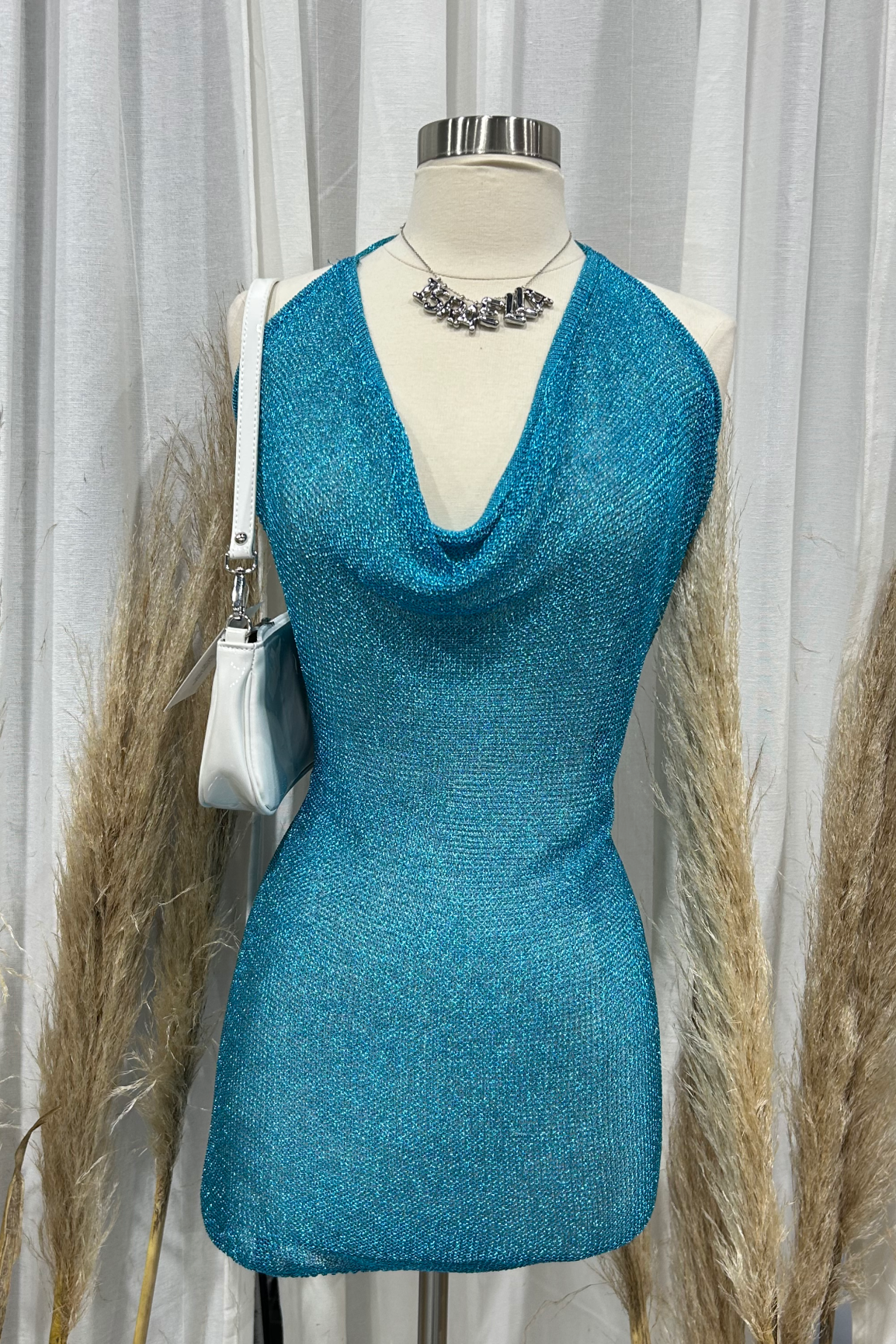 Elina Metallic Open Back Dress (Blue) #1956