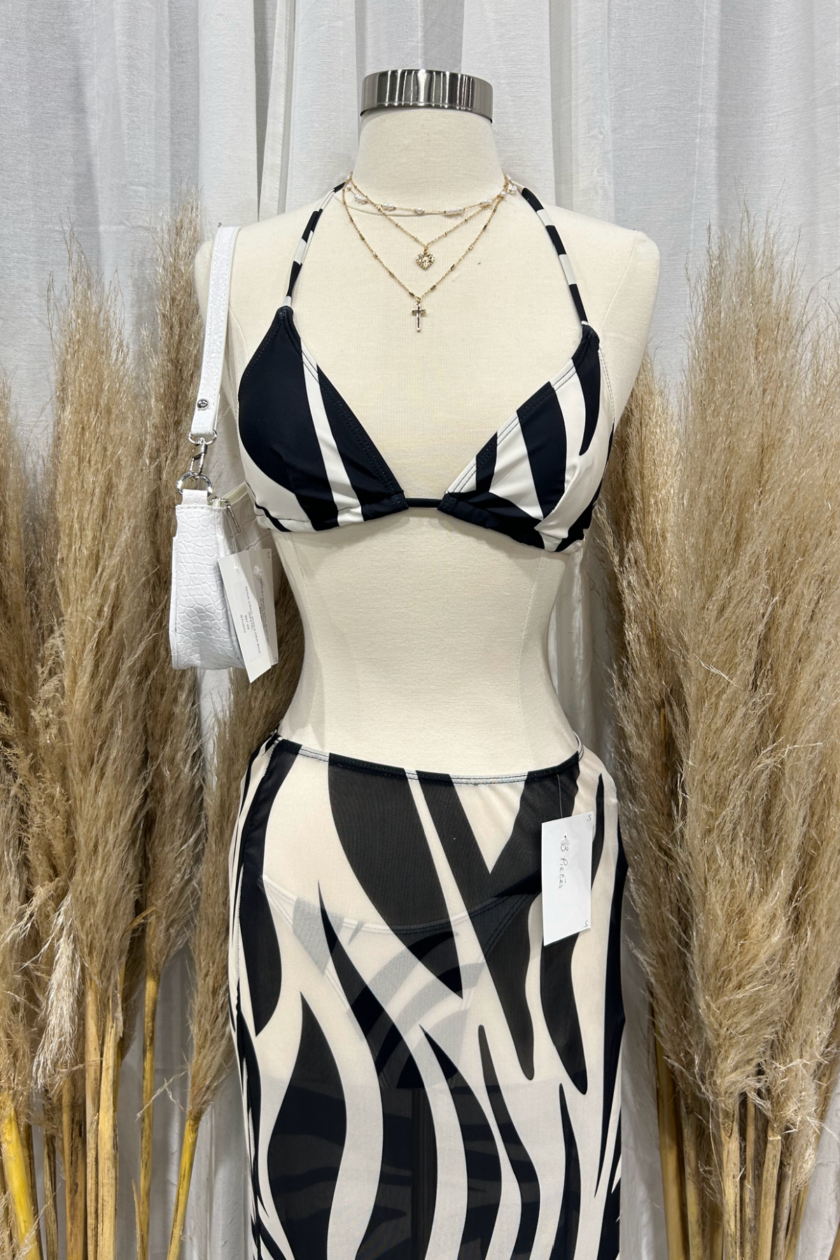 Kinsley Bikini Maxi Skirt Set (Black/White)