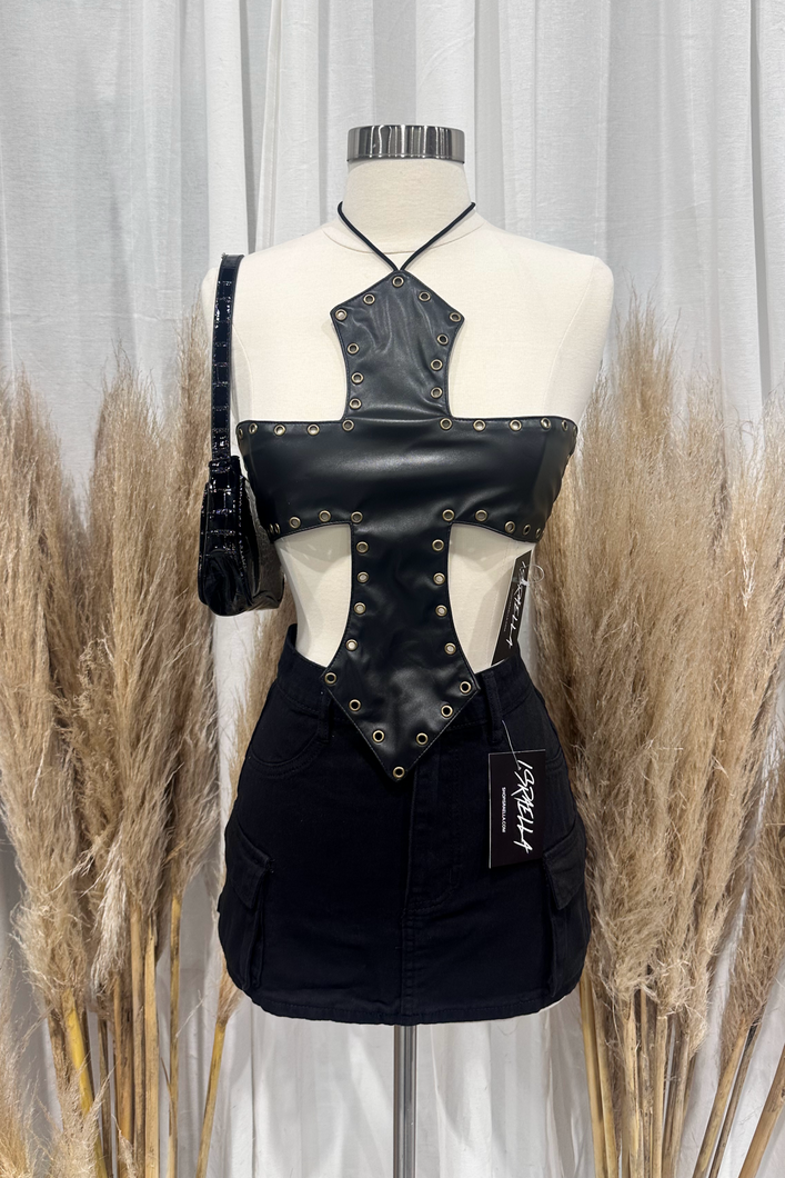 Cross Halter Tie Top (Black)