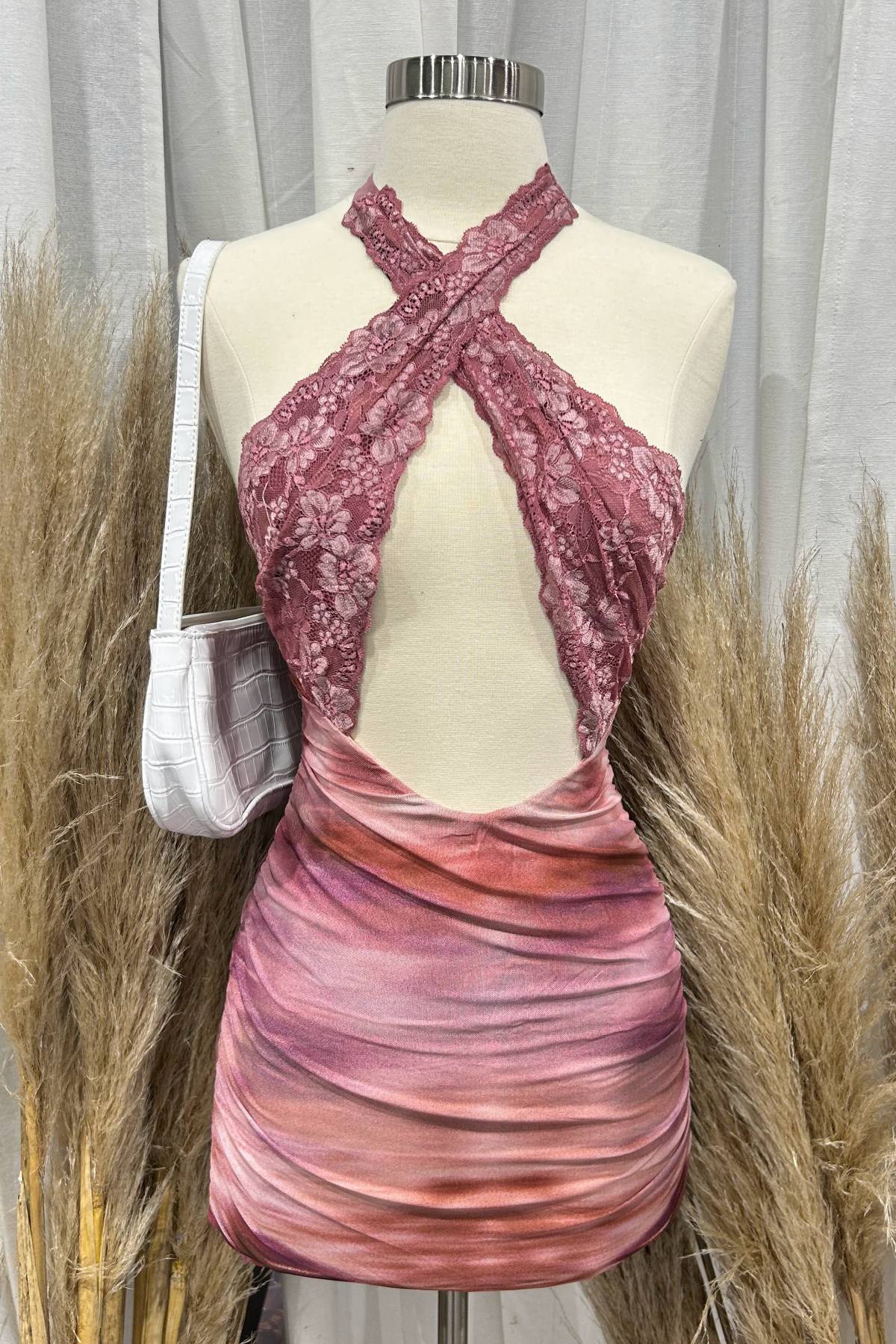 Norelia Halter Mesh Mini Dress (Mauve Pink)