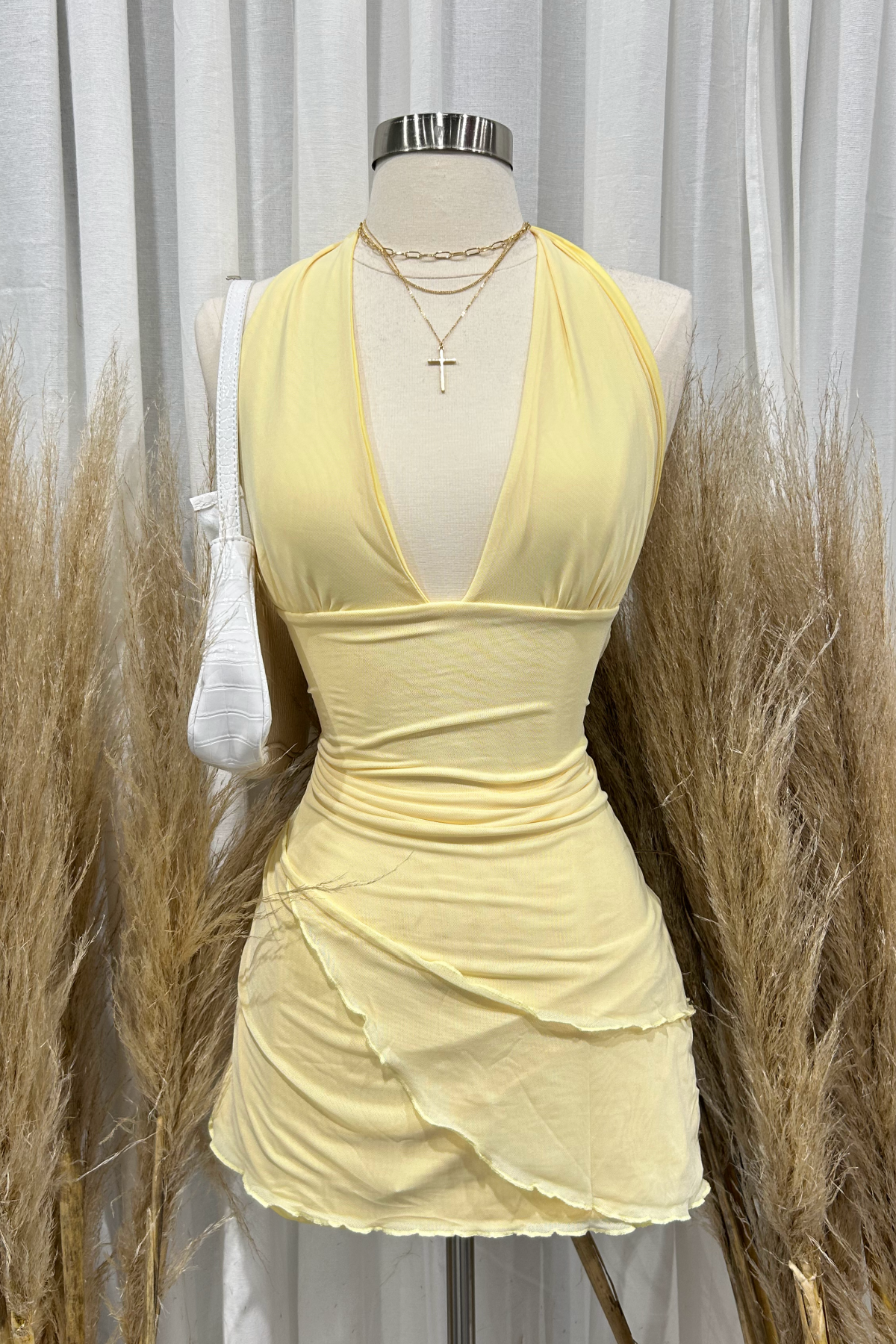 Rome Halter Mesh Mini Dress (Light Yellow)