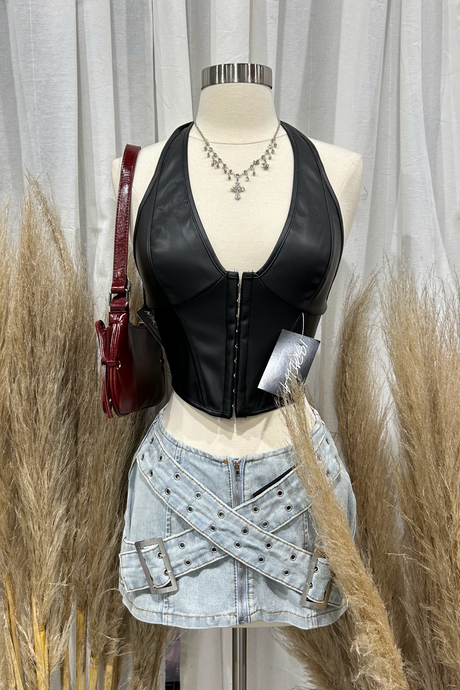 Ray Leather Halter Top (Black)