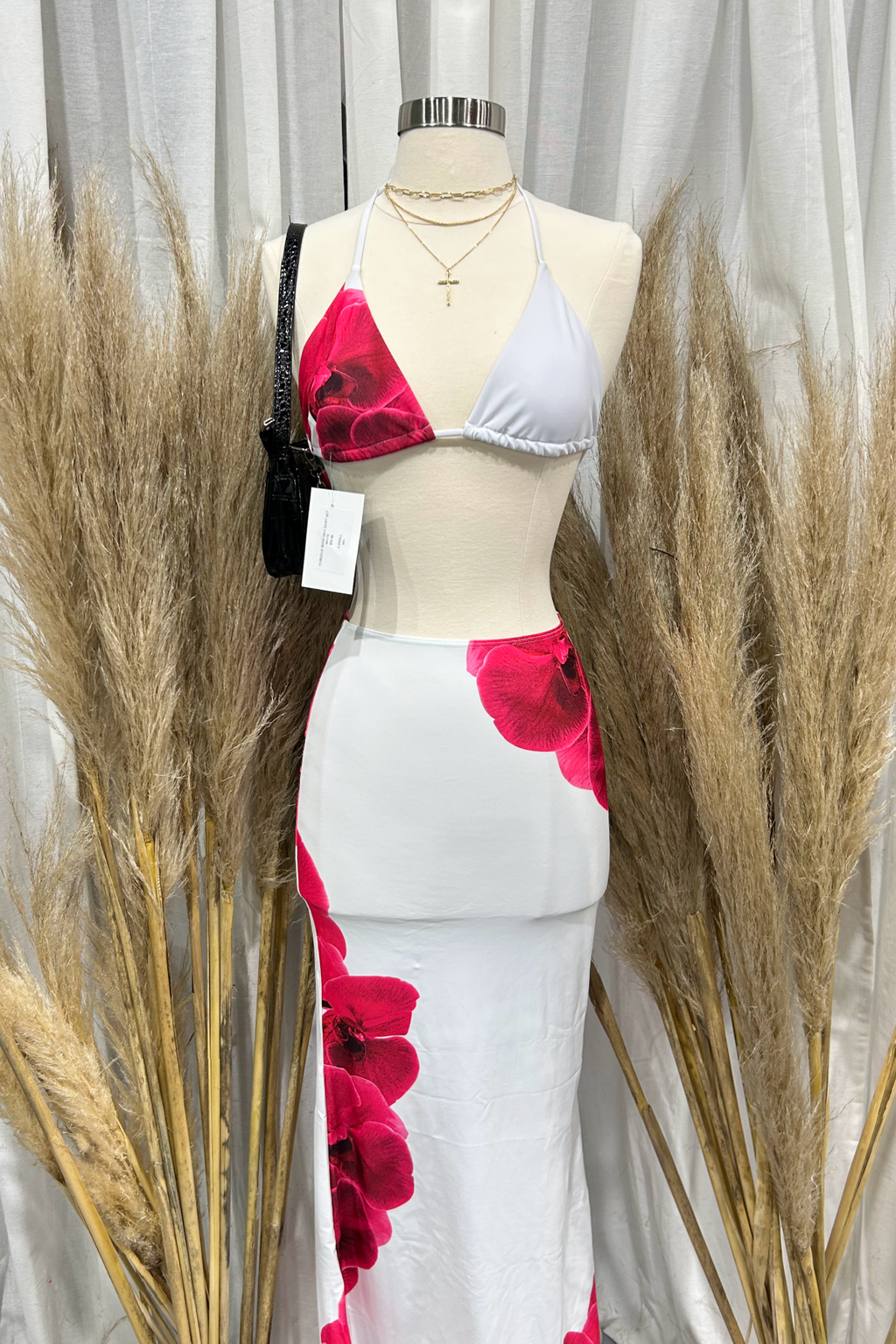 Hibiscus Bikini Maxi Skirt Set (White)