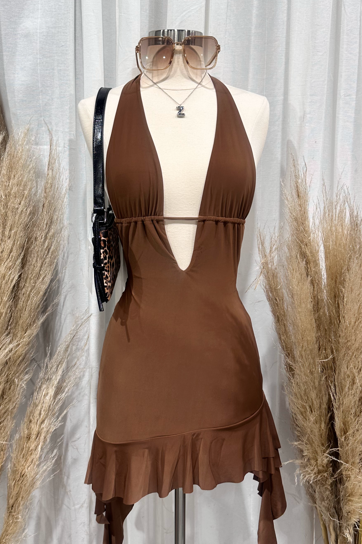Abbie Halter Dress (Brown)