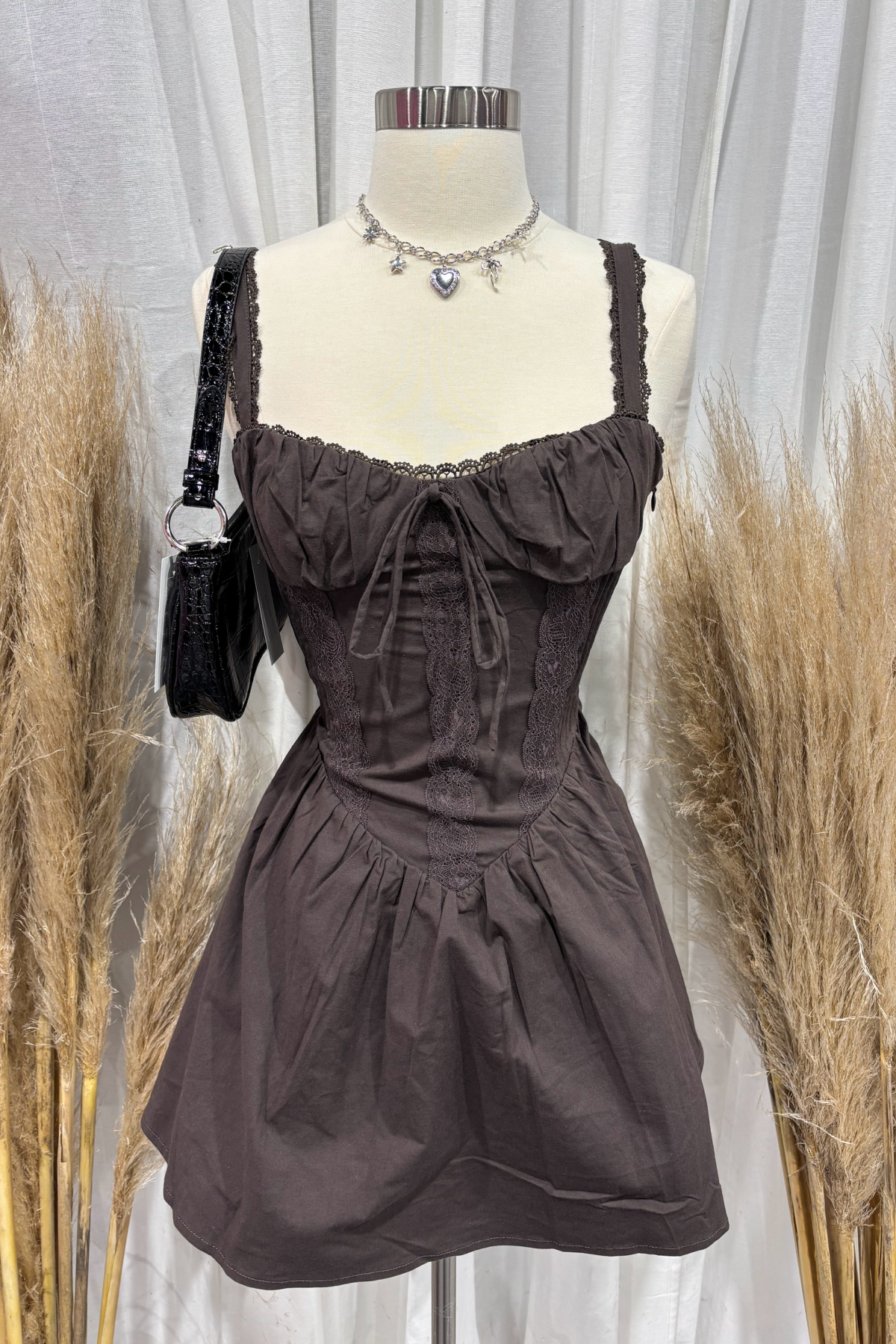 Darcy Pleated Mini Dress (Dark Brown)