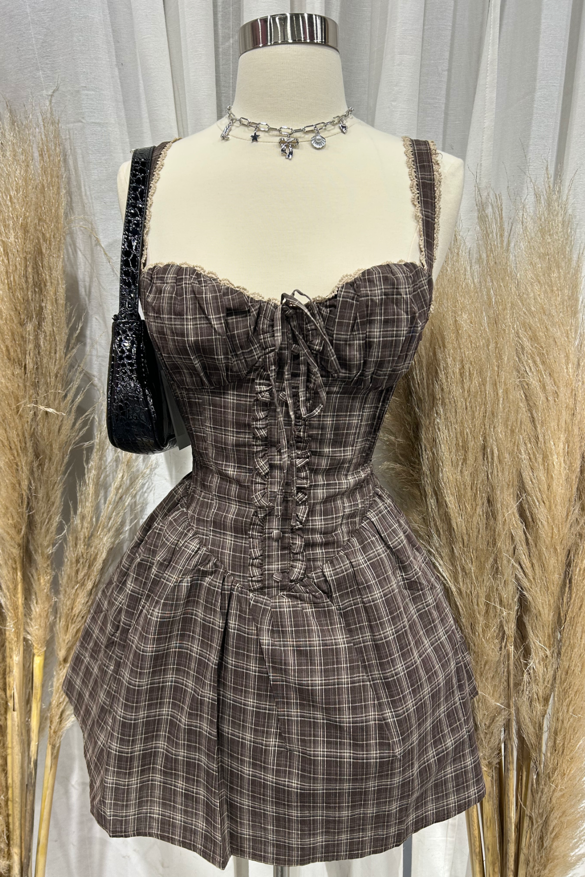 Lee Pleated Mini Dress (Brown Multi)