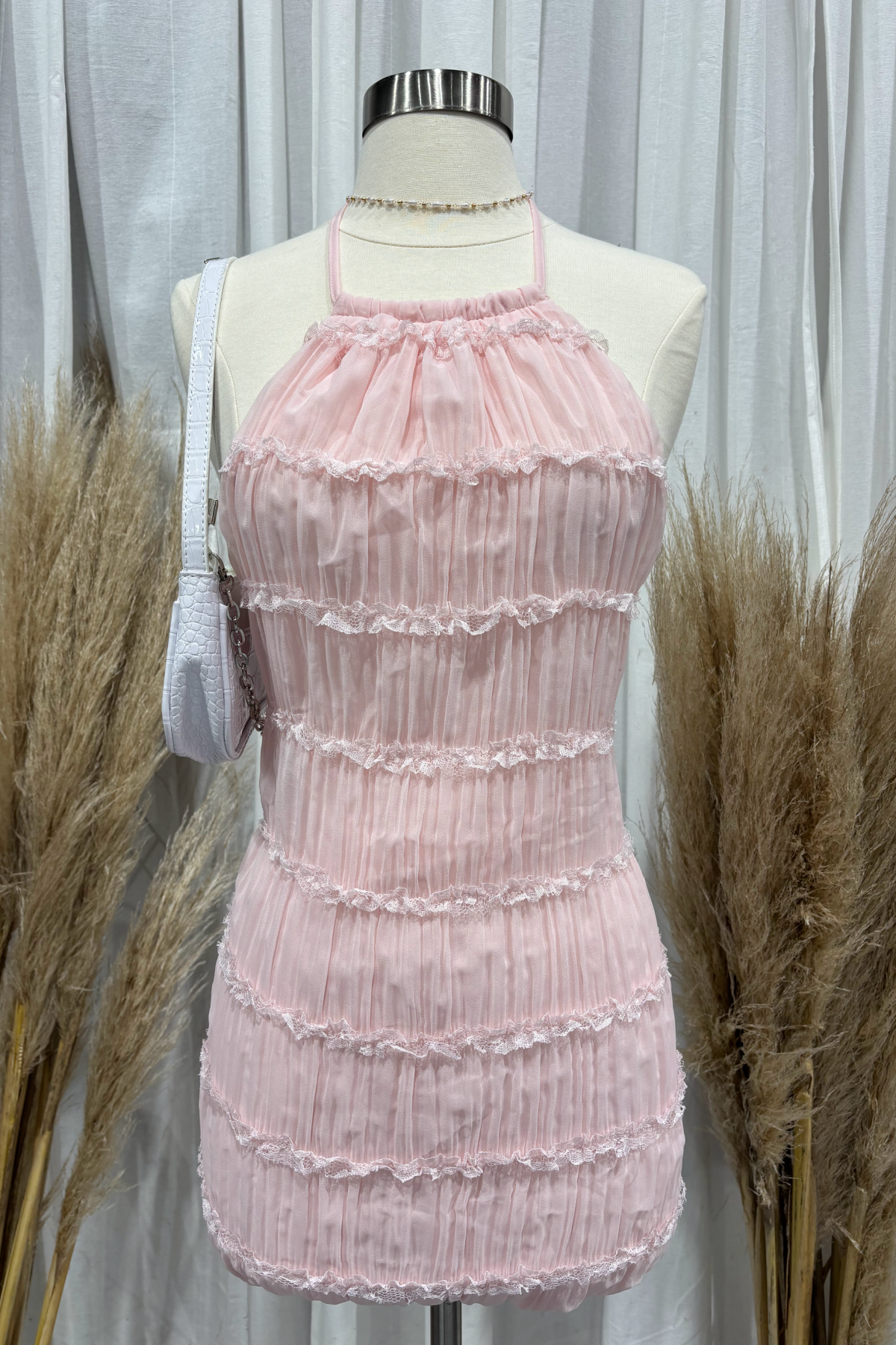 Avalon Halter Mini Dress (Baby Pink)