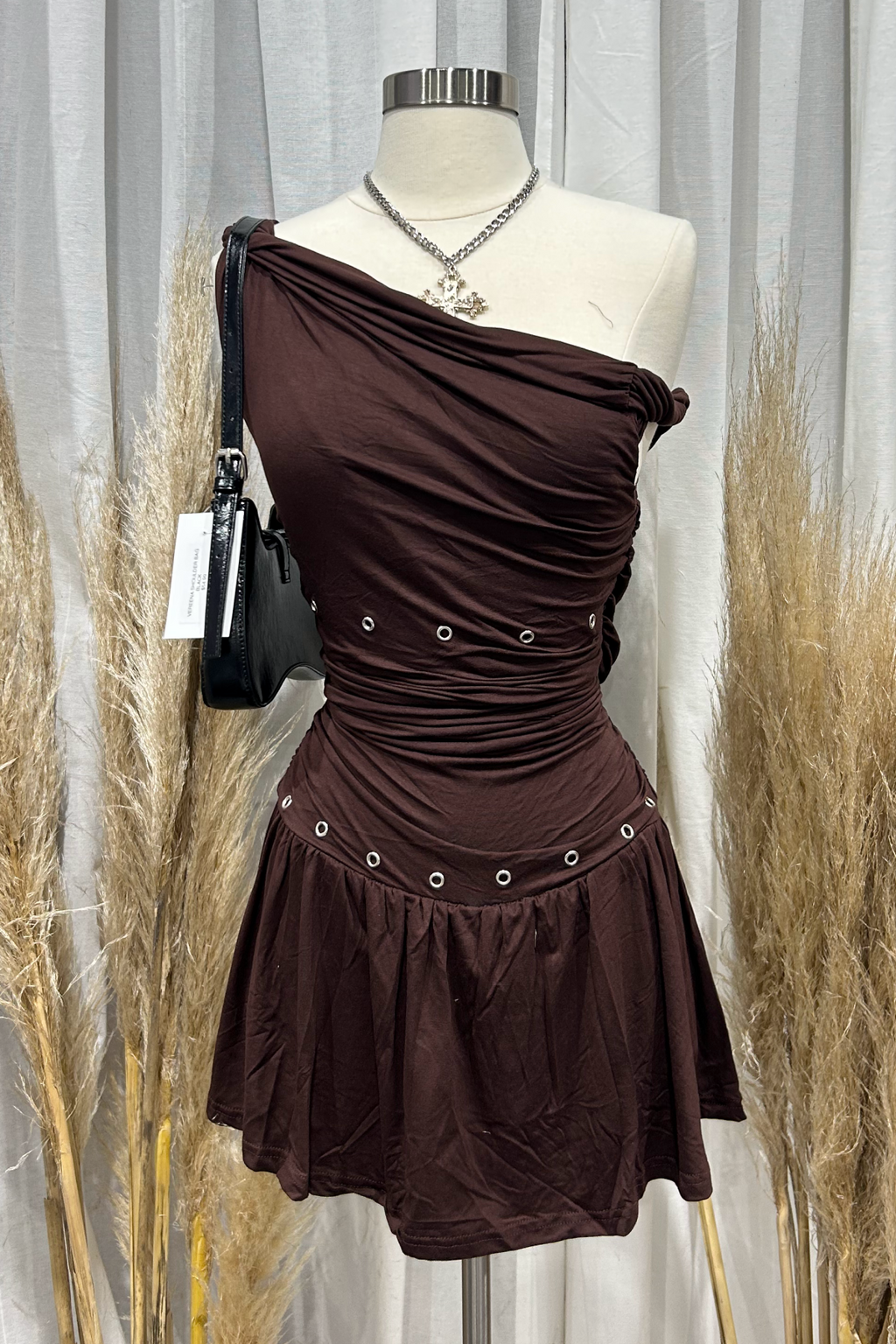 Azalea One Shoulder Mini Dress (Brown)