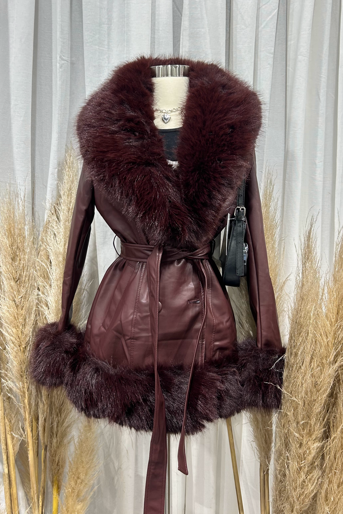 Roxy Fur Leather Jacket (Wine Red)