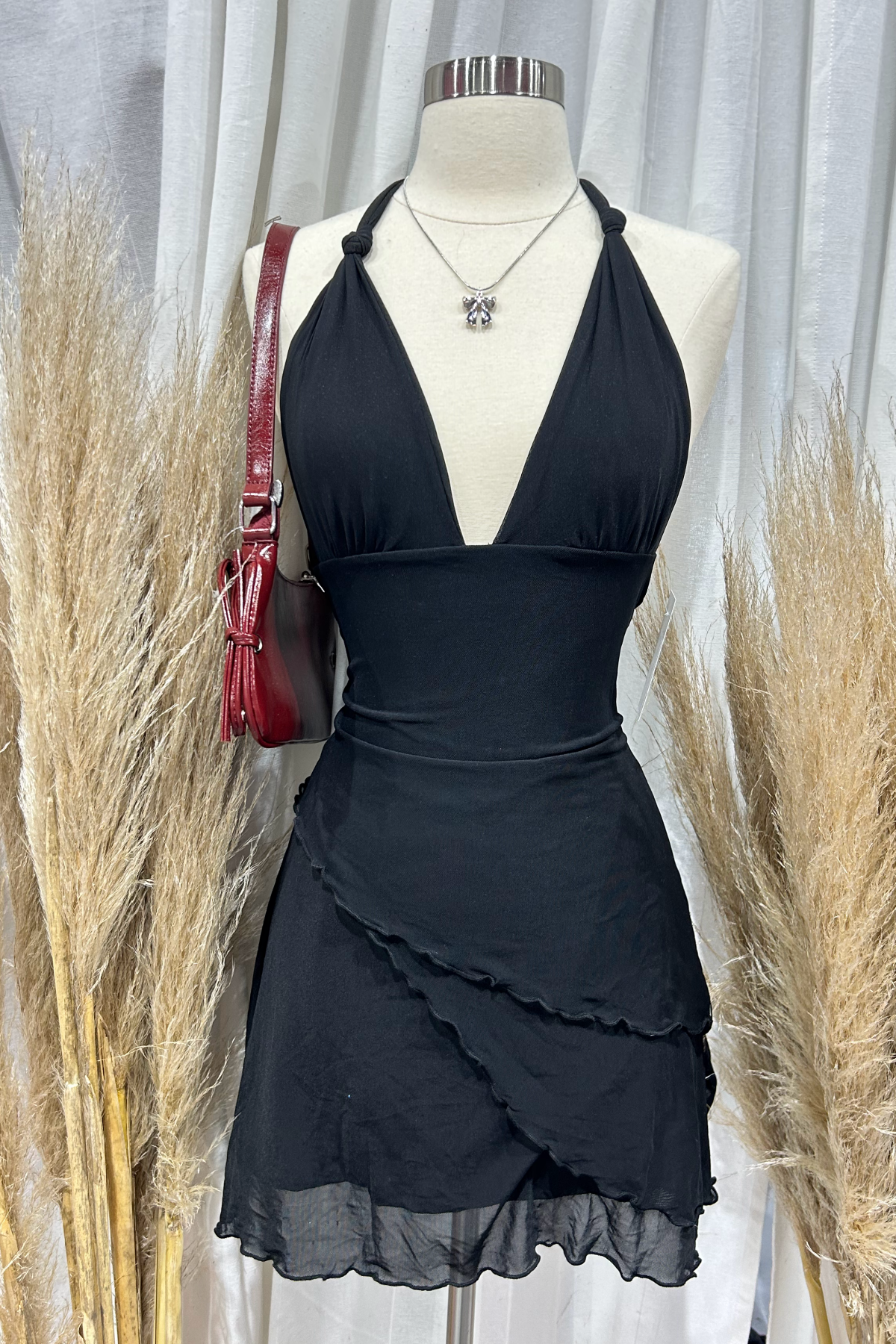 Rome Halter Mesh Mini Dress (Black)