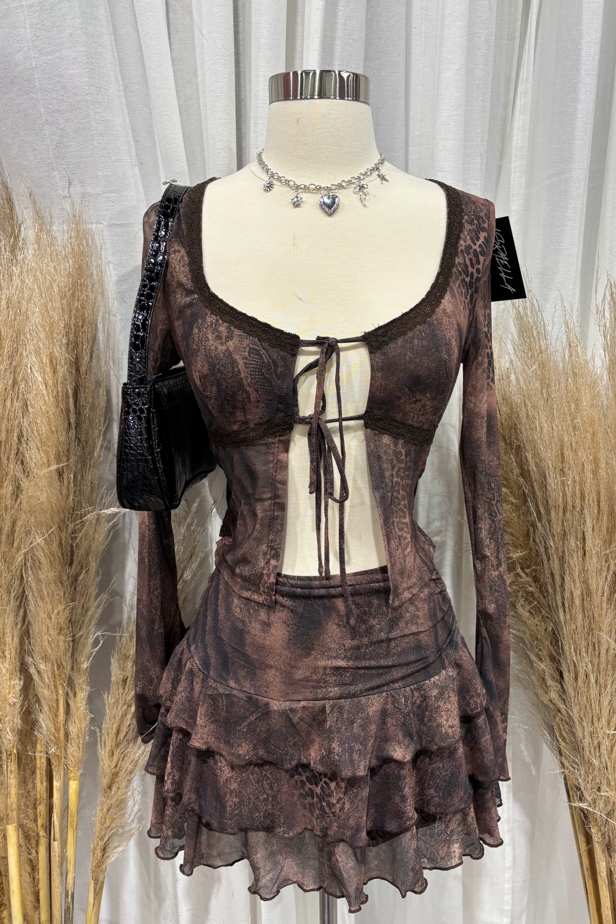 Dalena Mesh Mini Skirt Set (Brown Multi)