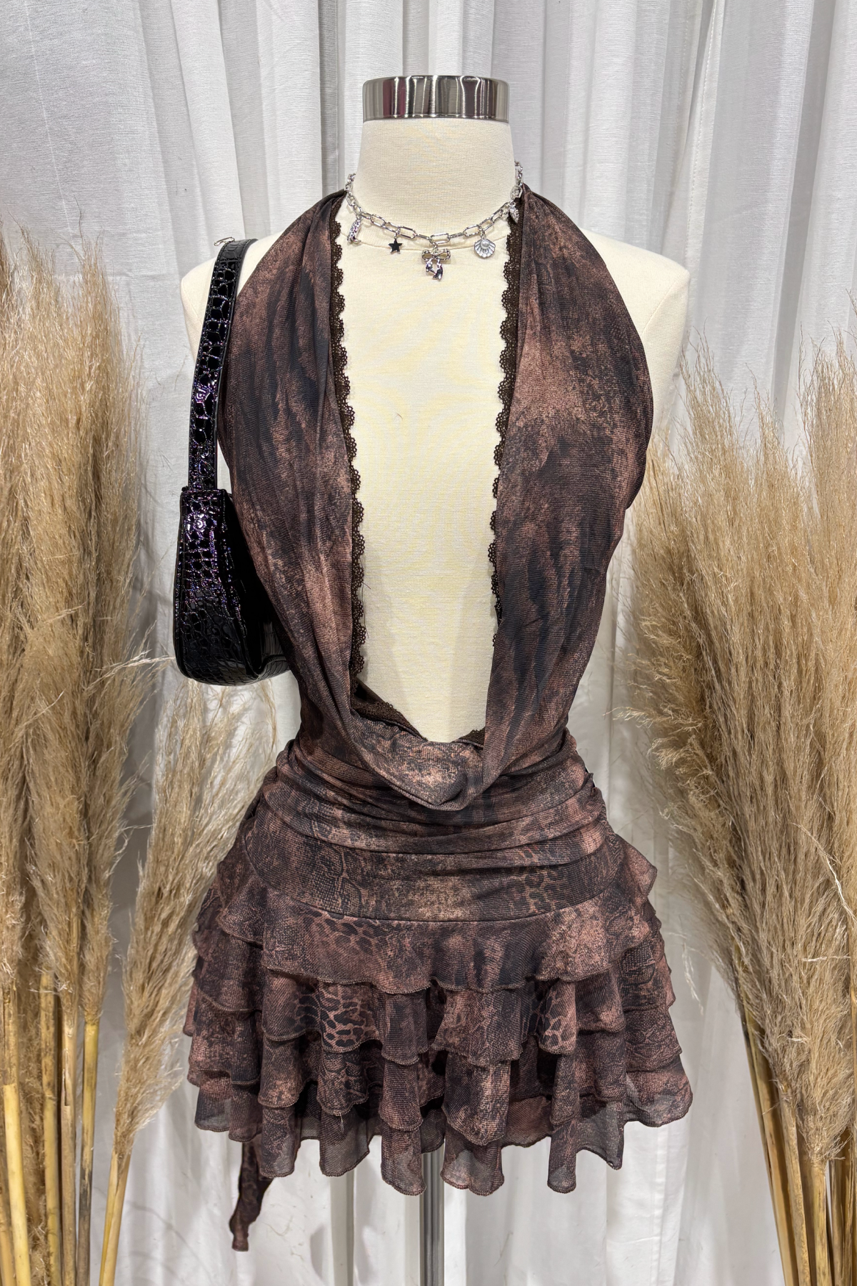 Yaretzi Halter Mini Dress (Brown Multi)