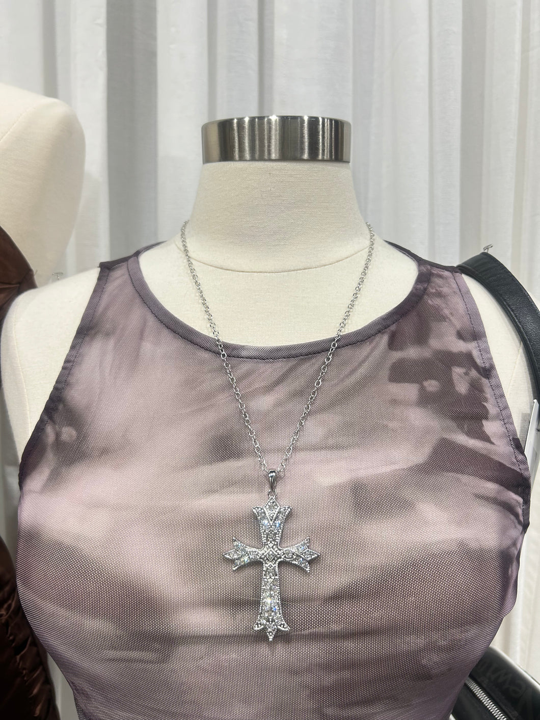 Rhinestone Cross Necklace (Silver)