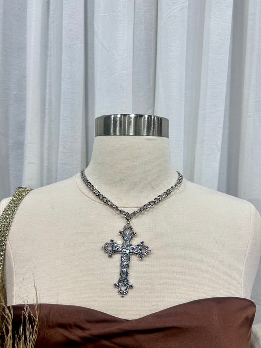 Cuban Chain Cross Necklace (Silver)