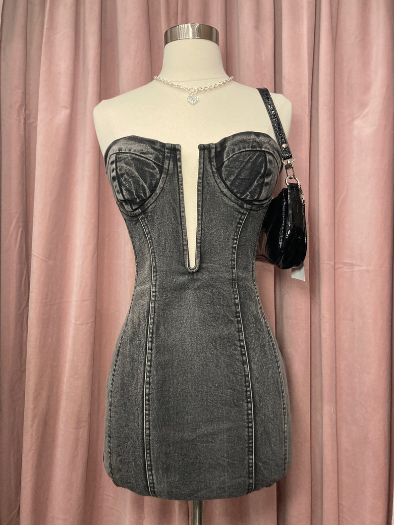 Aliana Denim Mini Dress (Black)