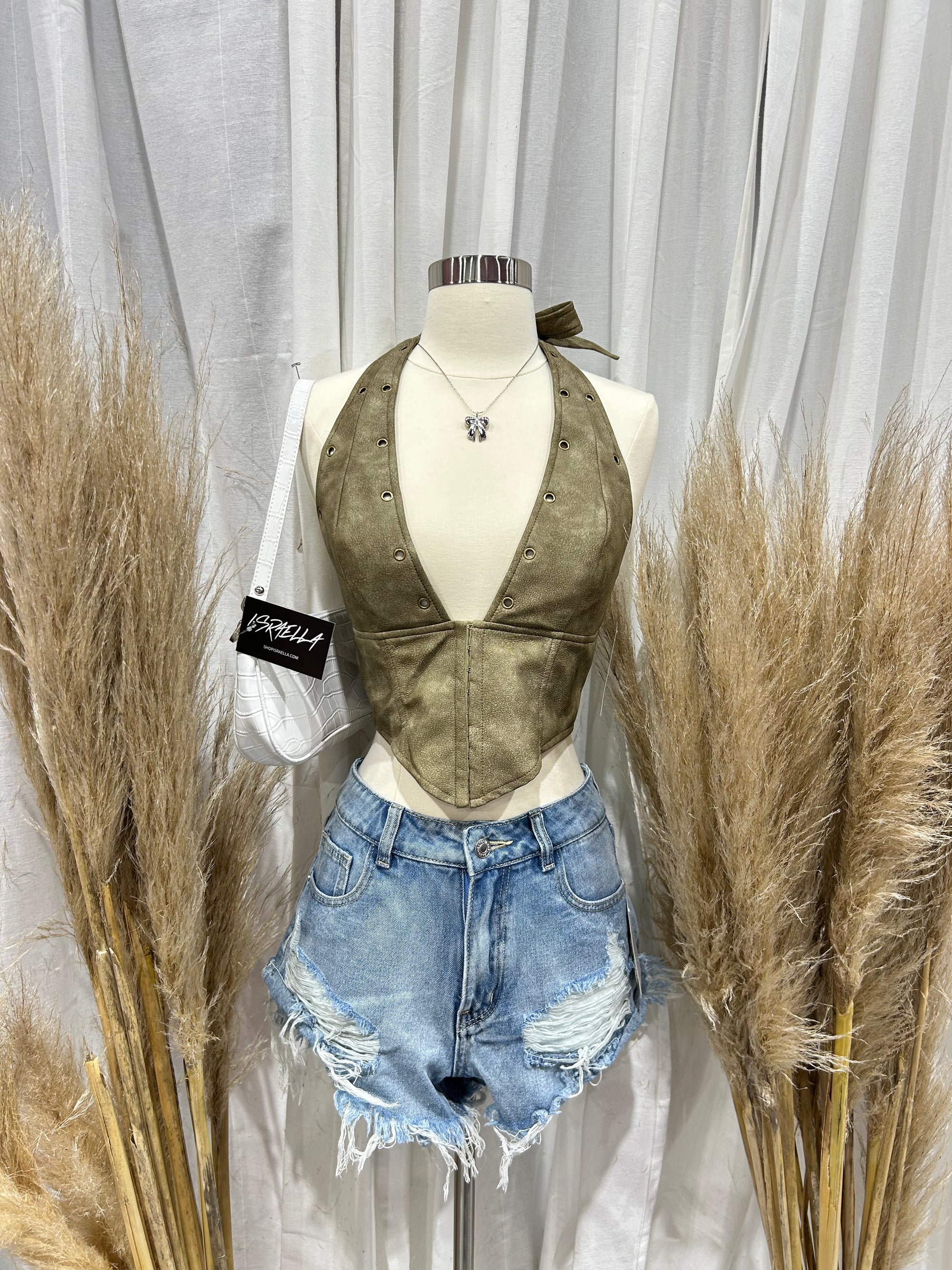 Averi Leather Halter Top (Khaki Brown)