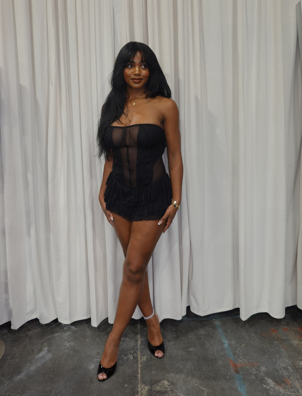 Lizette Mesh Mini Dress (Black)