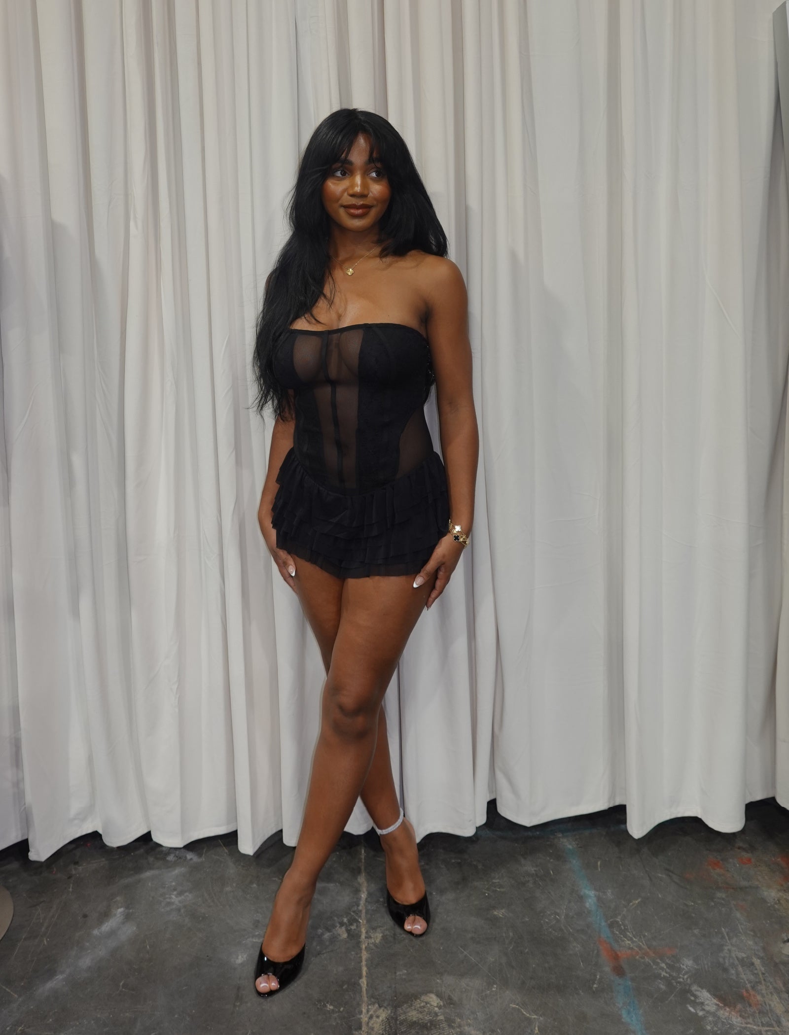 Lizette Mesh Mini Dress (Black)
