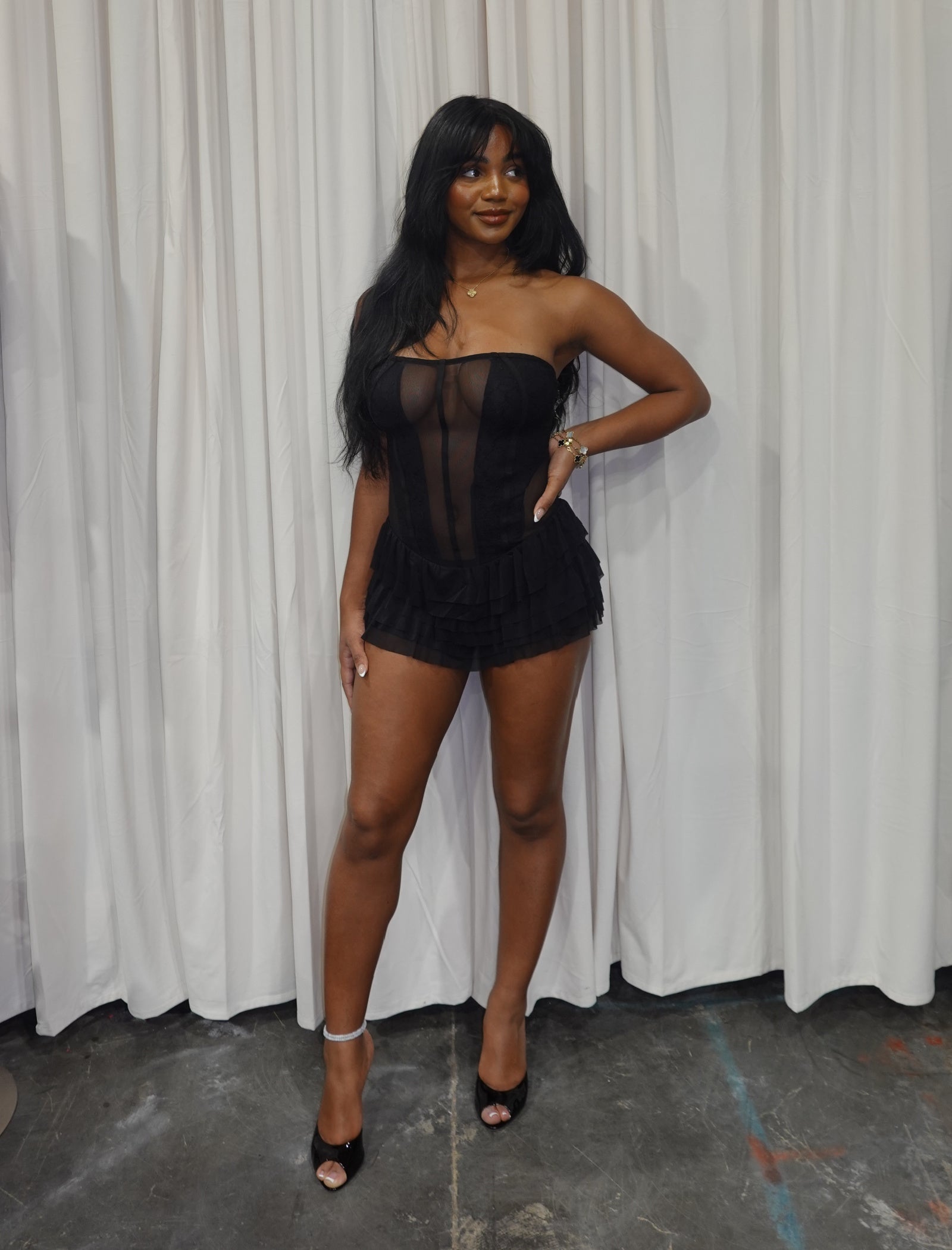Lizette Mesh Mini Dress (Black)